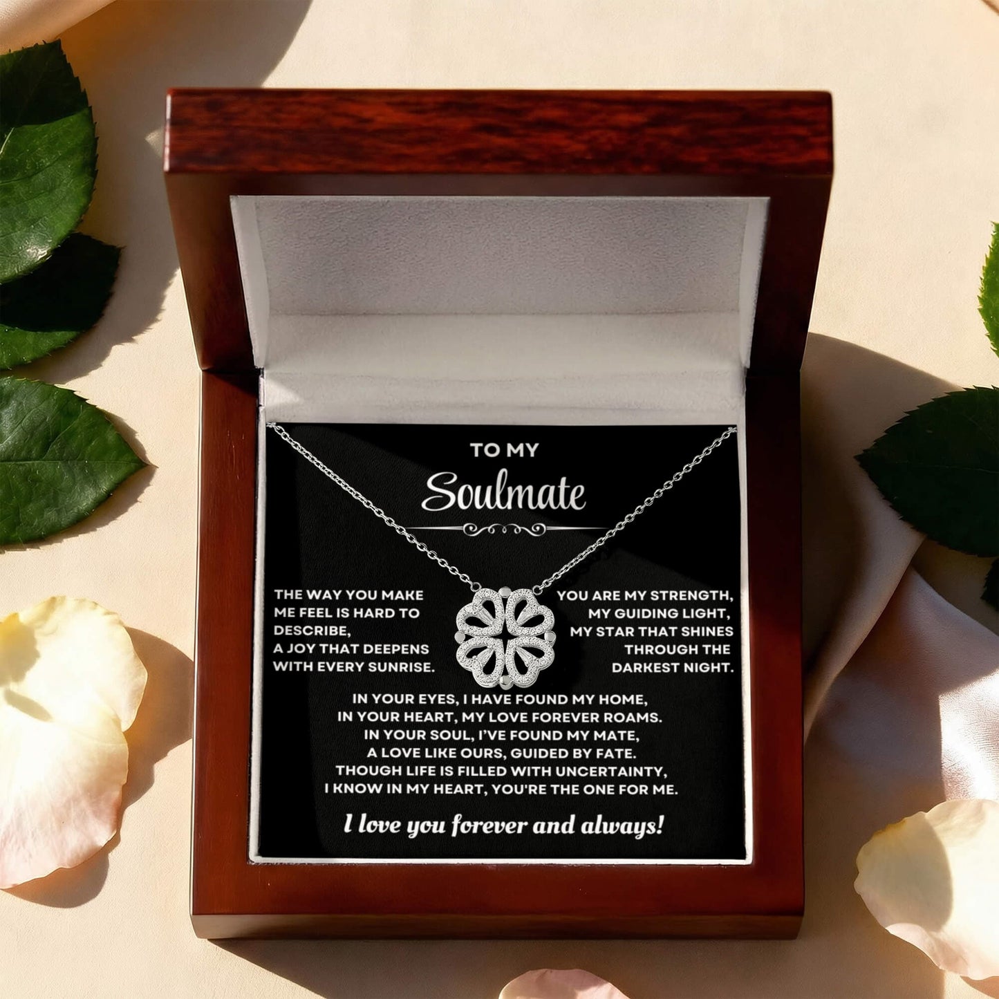 To my Soulmate Wife Necklace from Husband, 14K White gold finish Magnetic Hearts Clover Necklace, Gift for Valentines Day, Birthday, Anniversary