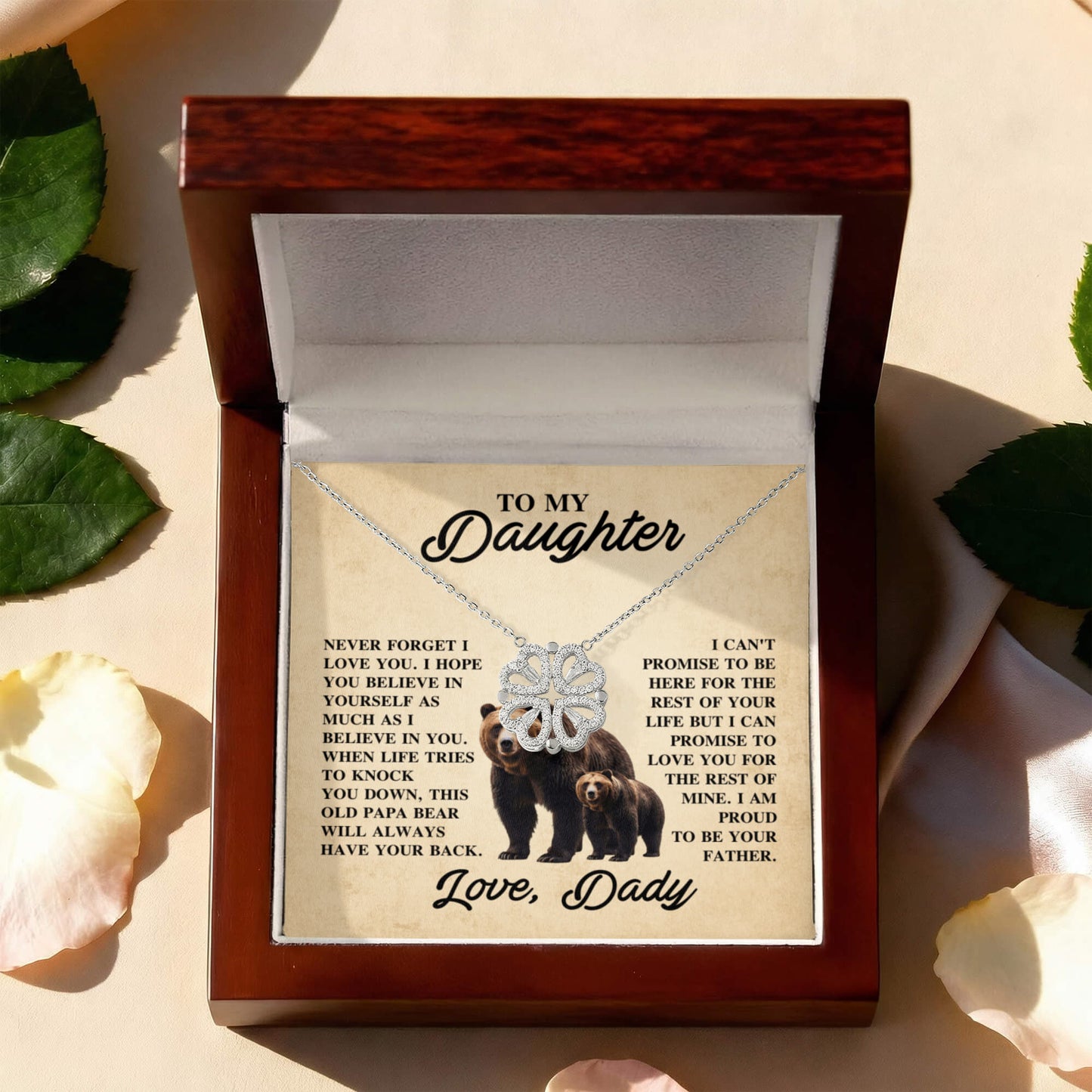 Daughter Necklace from Dad, 14 K White Gold Finish Magnetic Hearts Clover Necklace, Gift for Birthday, Valentines Day, Graduation, Christmas