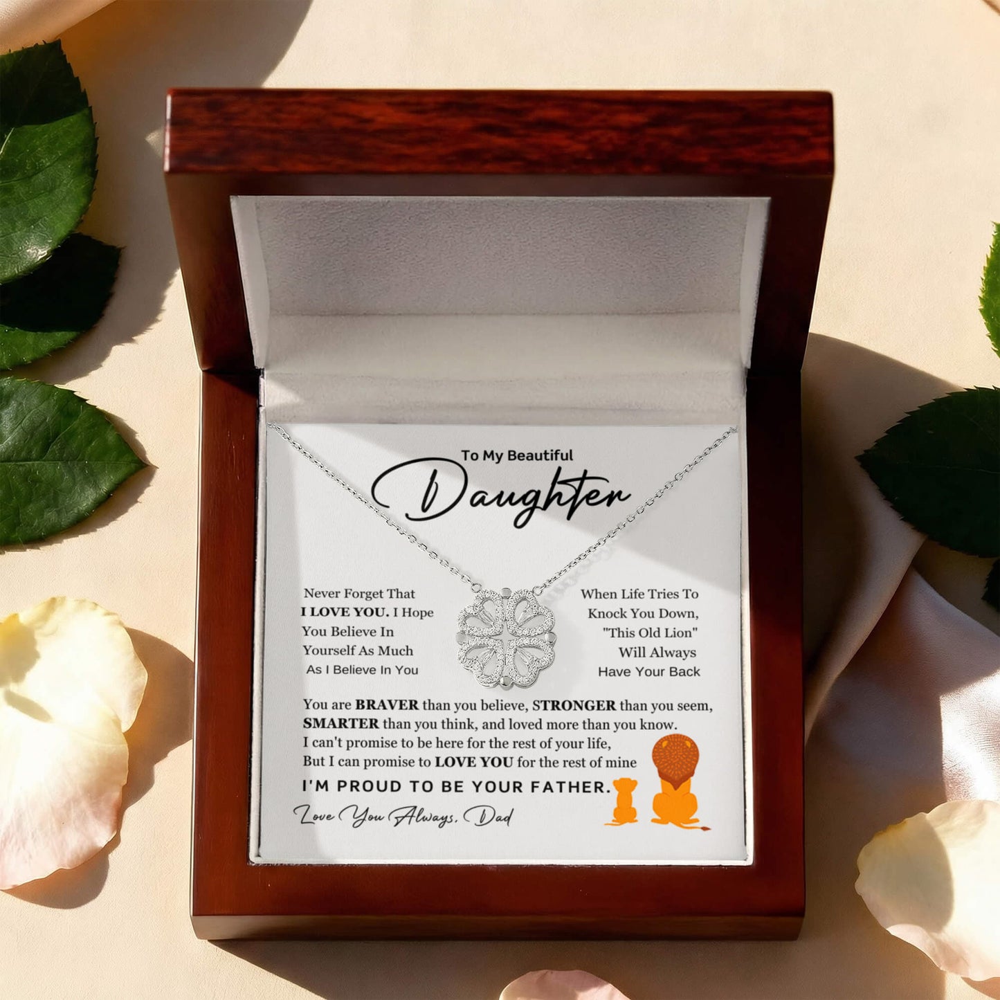 Daughter Necklace from Dad, 14 K White Gold Finish Magnetic Hearts Clover Necklace, Gift for Birthday, Valentines Day, Graduation, Christmas