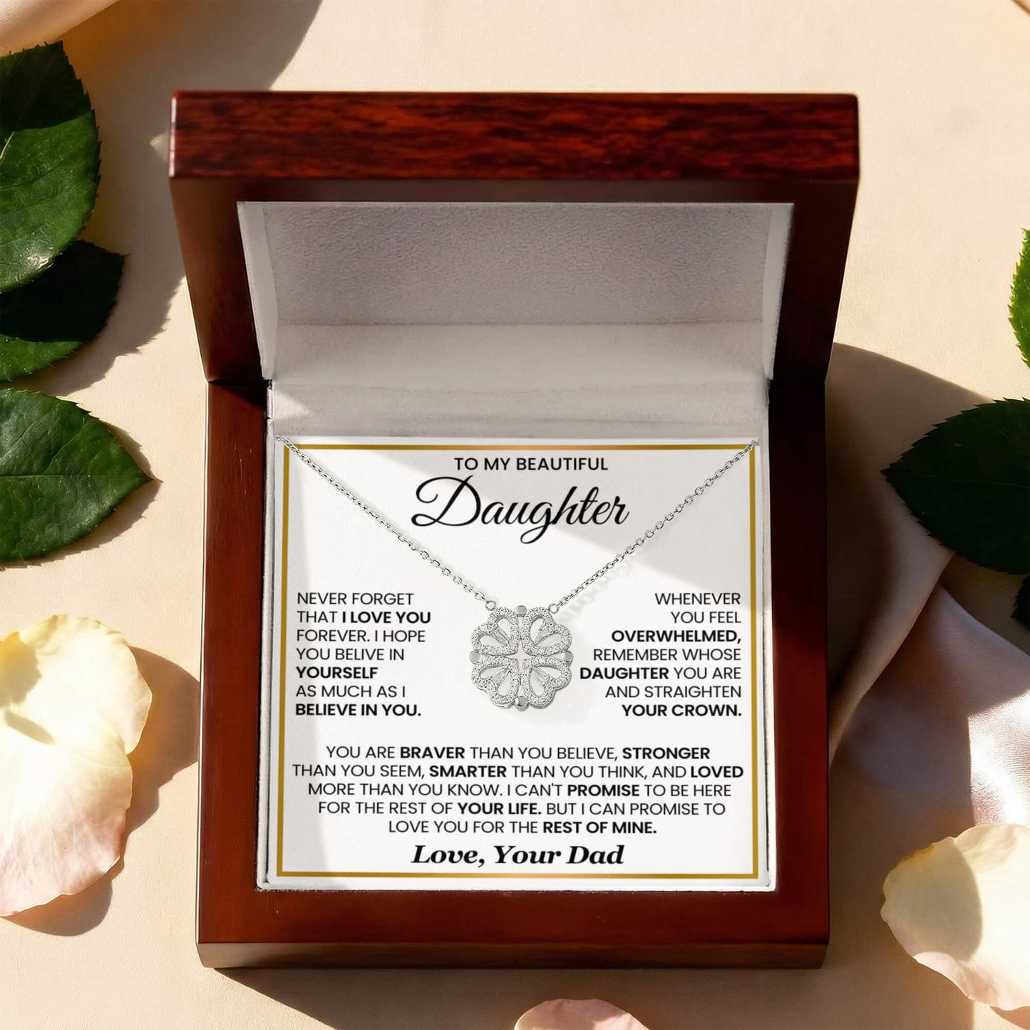 Daughter Necklace from Dad, 14 K White Gold Finish Magnetic Hearts Clover Necklace, Gift for Birthday, Valentines Day, Graduation, Christmas