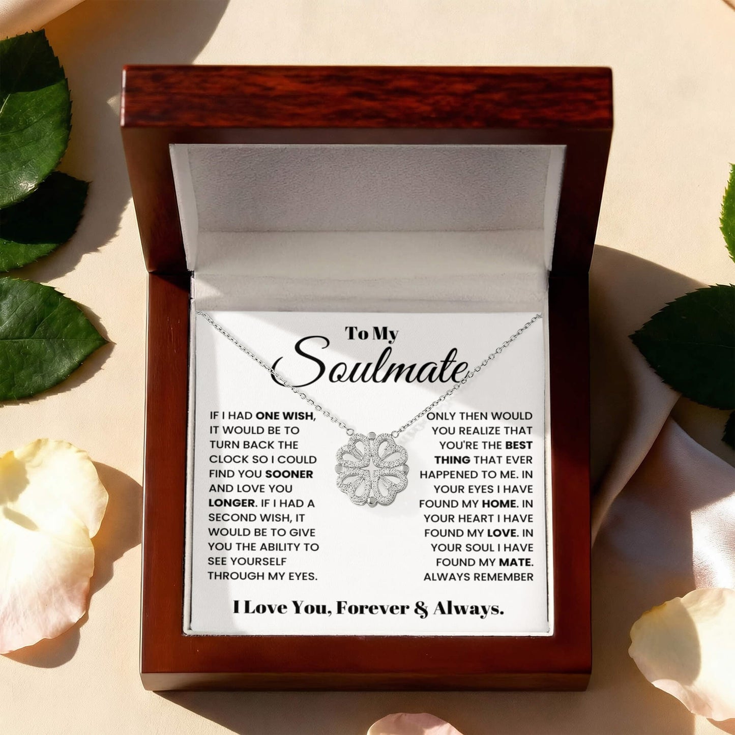 To my Soulmate Wife Necklace from Husband, 14K White gold finish Magnetic Hearts Clover Necklace, Gift for Valentines Day, Birthday, Anniversary