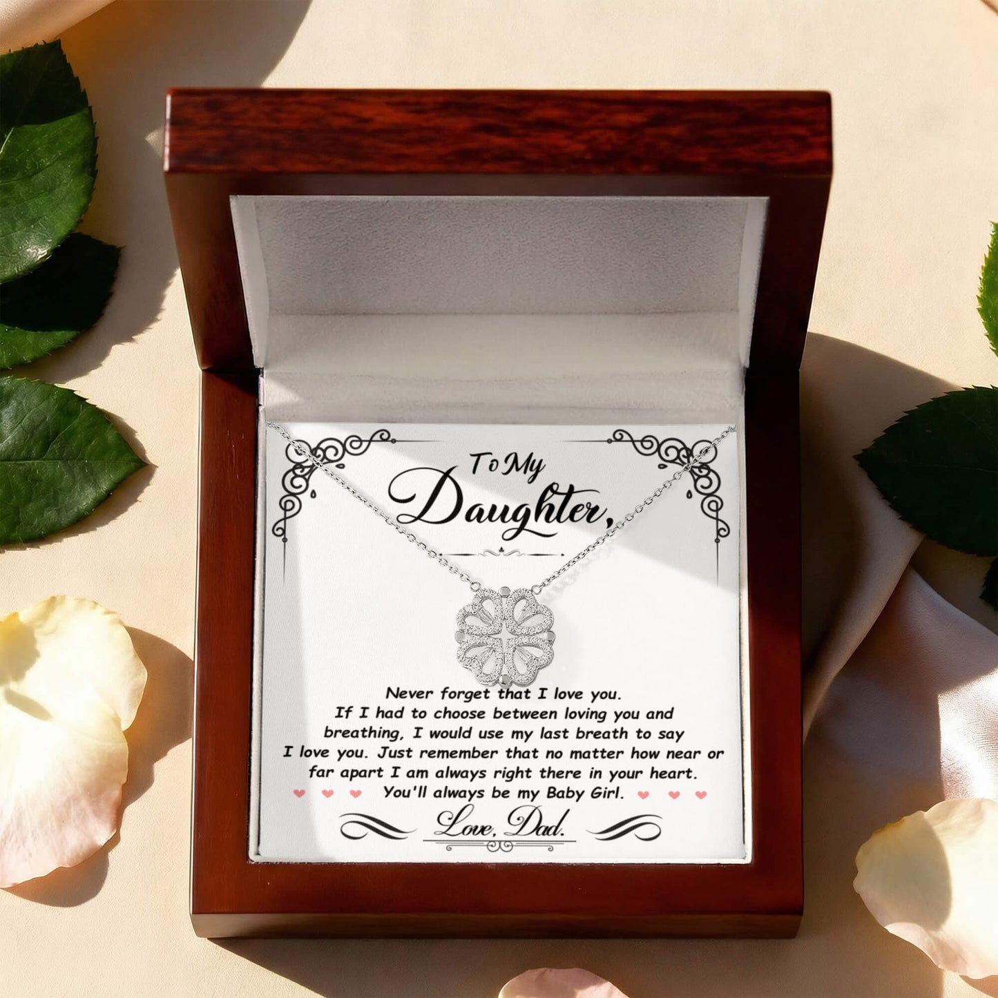Daughter Necklace from Dad, 14 K White Gold Finish Magnetic Hearts Clover Necklace, Gift for Birthday, Valentines Day, Graduation, Christmas