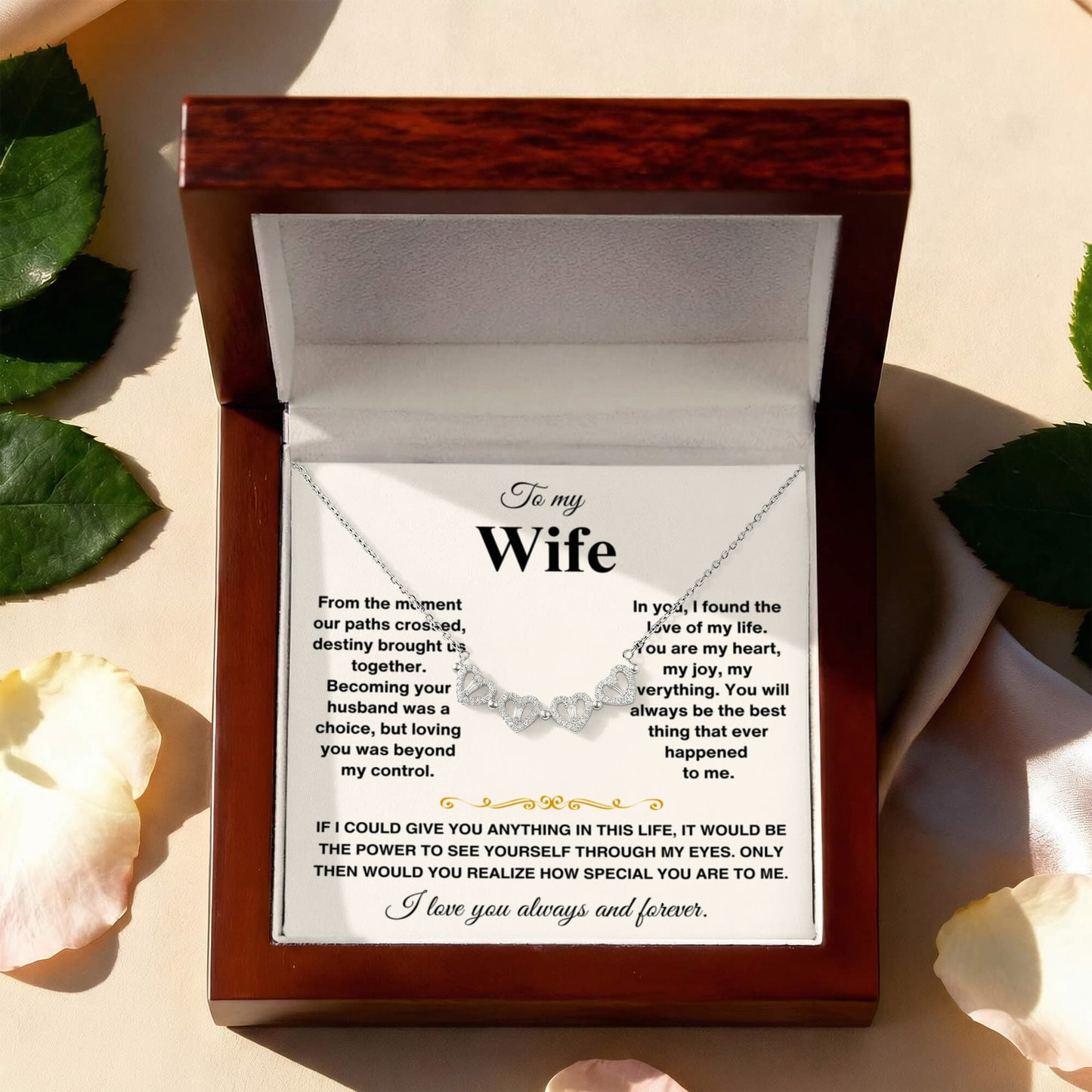 To my Wife Necklace from Husband, 14K White gold finish Magnetic Hearts Clover Necklace, Gift for Valentines Day, Birthday, Anniversary