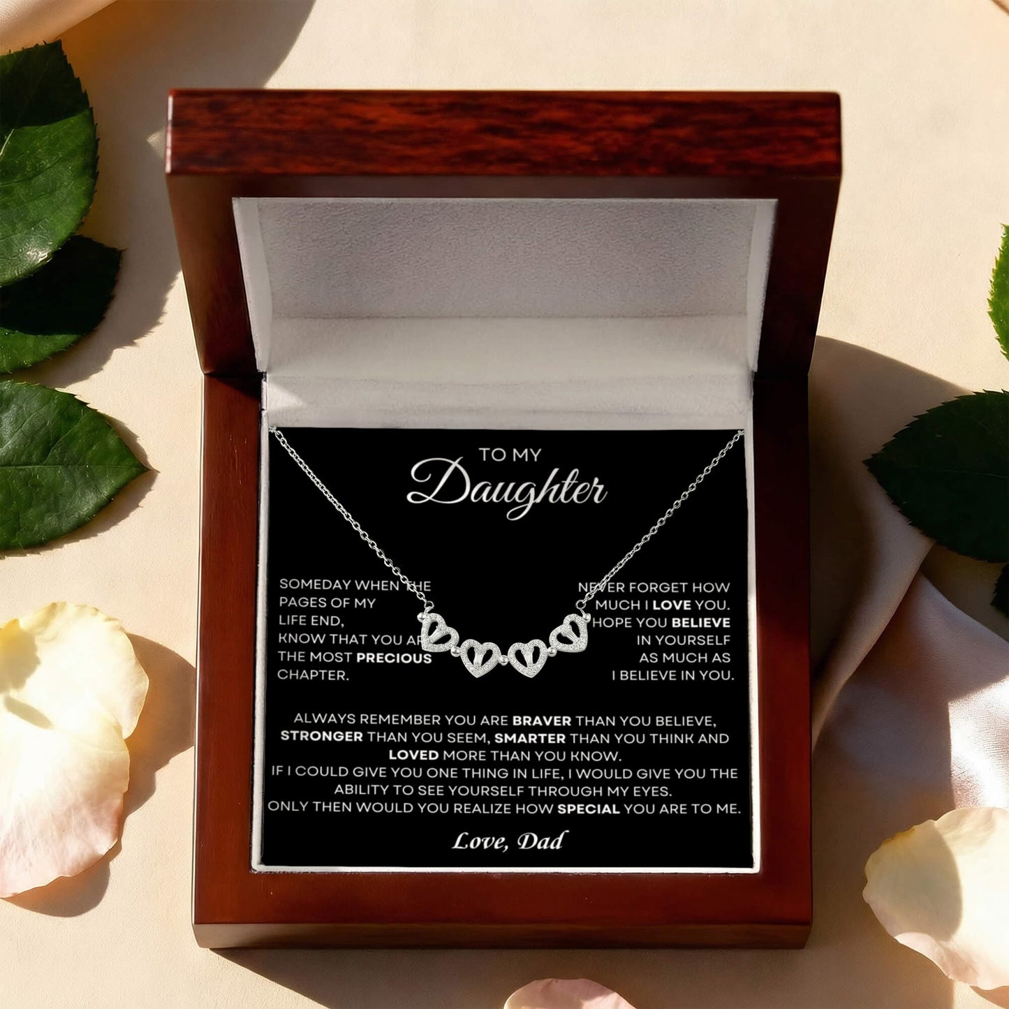 Daughter Necklace from Dad, 14 K White Gold Finish Magnetic Hearts Clover Necklace, Gift for Birthday, Valentines Day, Graduation, Christmas