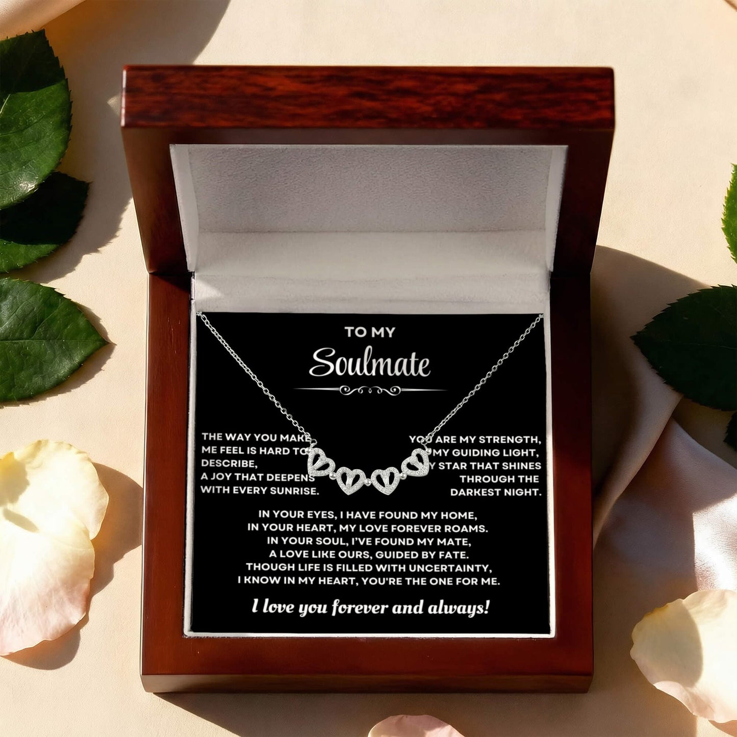 To my Soulmate Wife Necklace from Husband, 14K White gold finish Magnetic Hearts Clover Necklace, Gift for Valentines Day, Birthday, Anniversary