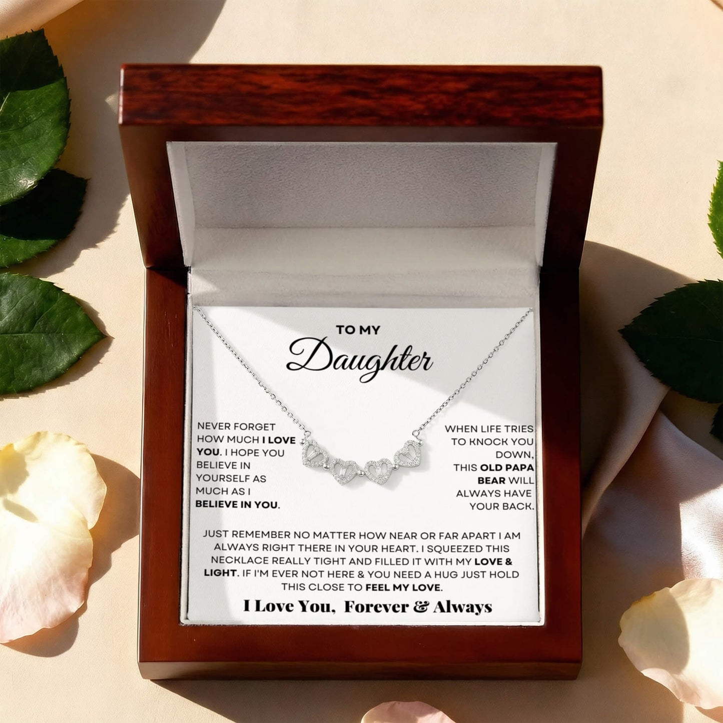 Daughter Necklace from Mom and Dad, 14 K White Gold Finish Magnetic Hearts Clover Necklace, Gift for Birthday, Valentines Day, Graduation, Christmas
