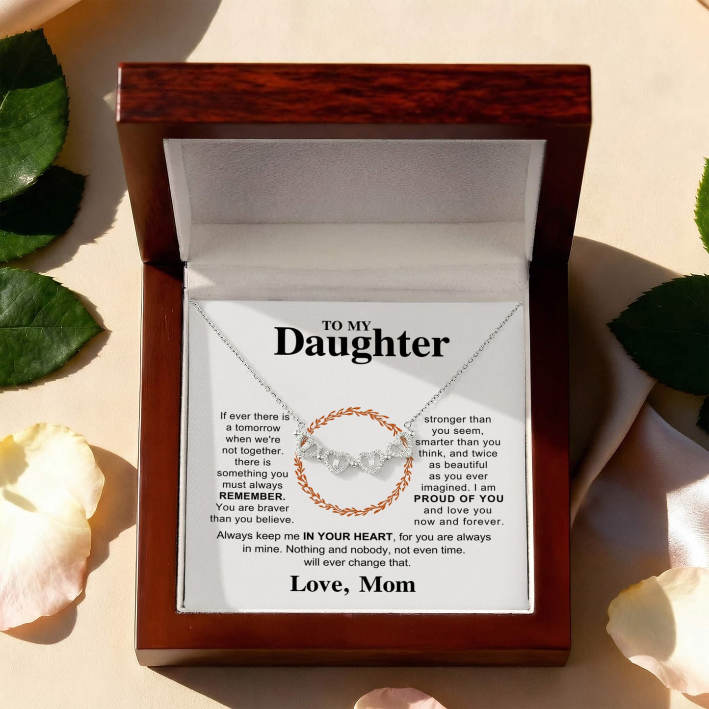 Daughter Necklace from Mom, 14 K White Gold Finish Magnetic Hearts Clover Necklace, Gift for Birthday, Valentines Day, Graduation, Christmas
