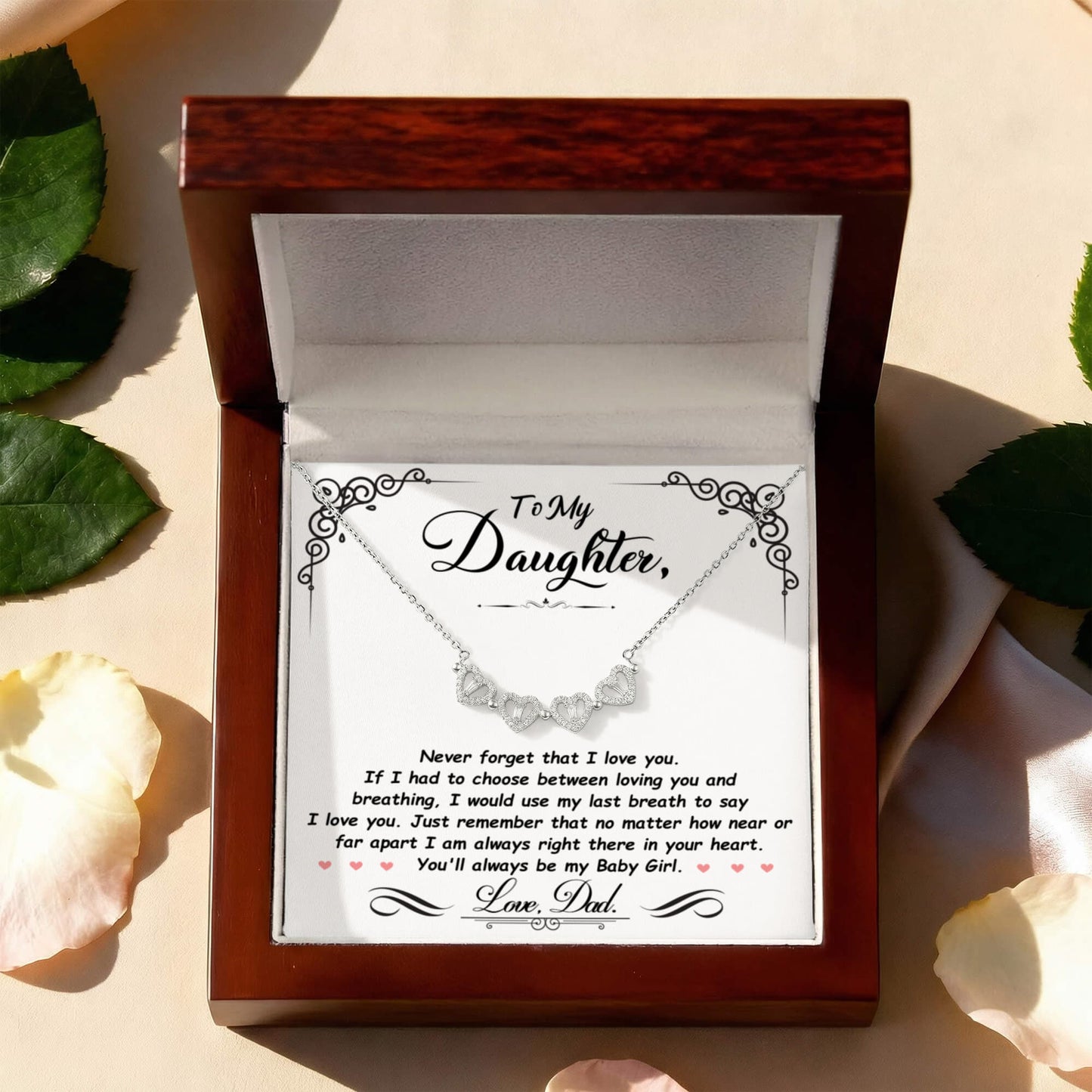 Daughter Necklace from Dad, 14 K White Gold Finish Magnetic Hearts Clover Necklace, Gift for Birthday, Valentines Day, Graduation, Christmas