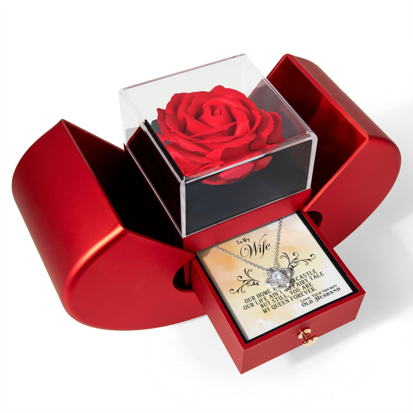 To my Wife Necklace Gift from Husband, Love knot pendant with Red Heart Rose Gift box for Valentines day, anniversary, birthday