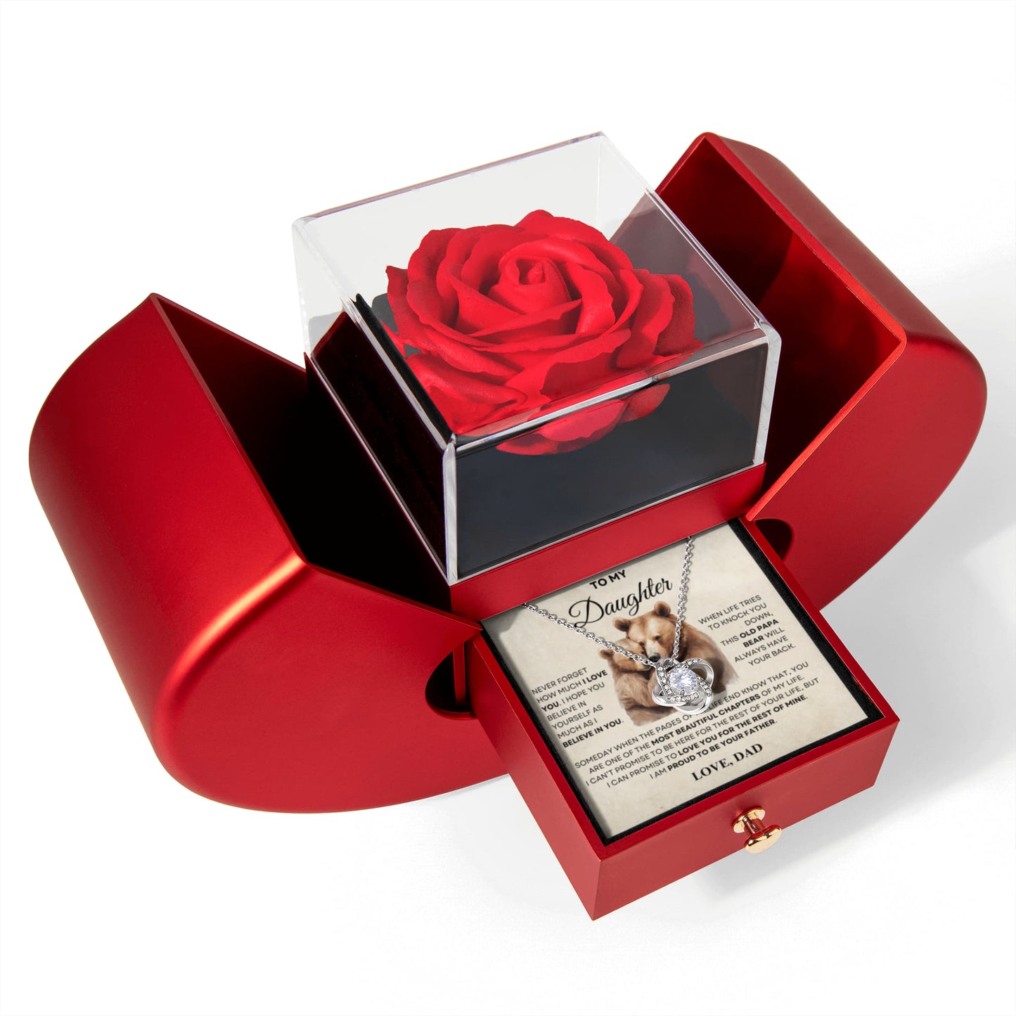 Daughter Necklace from Dad, Love Knot Pendant with Rose Gift Box, Gift for Birthday, Valentines day, Mothers day, Christmas