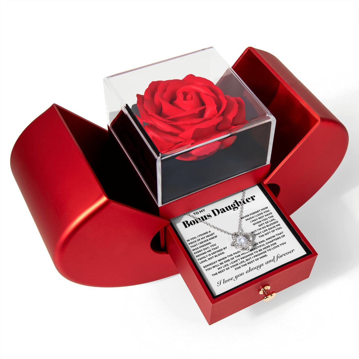 Bonus Daughter Necklace from Mom and Dad, Love Knot Pendant with Rose Gift Box, Gift for Birthday, Valentines day, Mothers day, Christmas