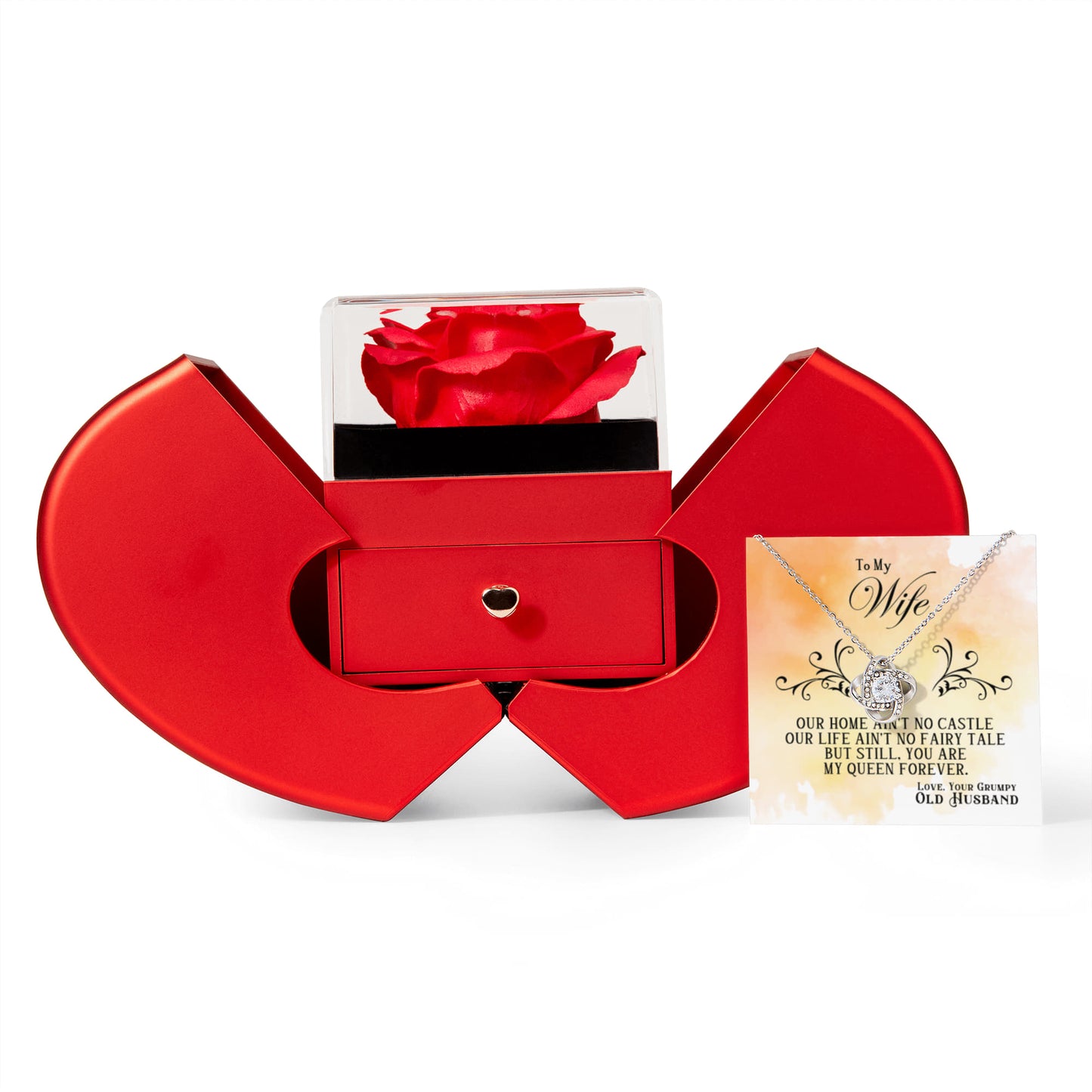 To my Wife Necklace Gift from Husband, Love knot pendant with Red Heart Rose Gift box for Valentines day, anniversary, birthday