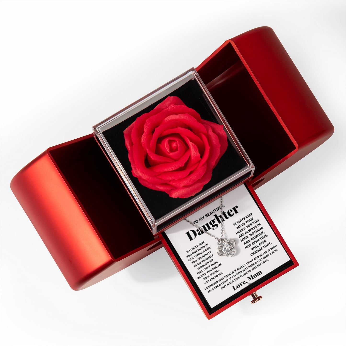 Daughter Necklace from Mom, Love Knot Pendant with Rose Gift Box, Gift for Birthday, Valentines day, Mothers day, Christmas