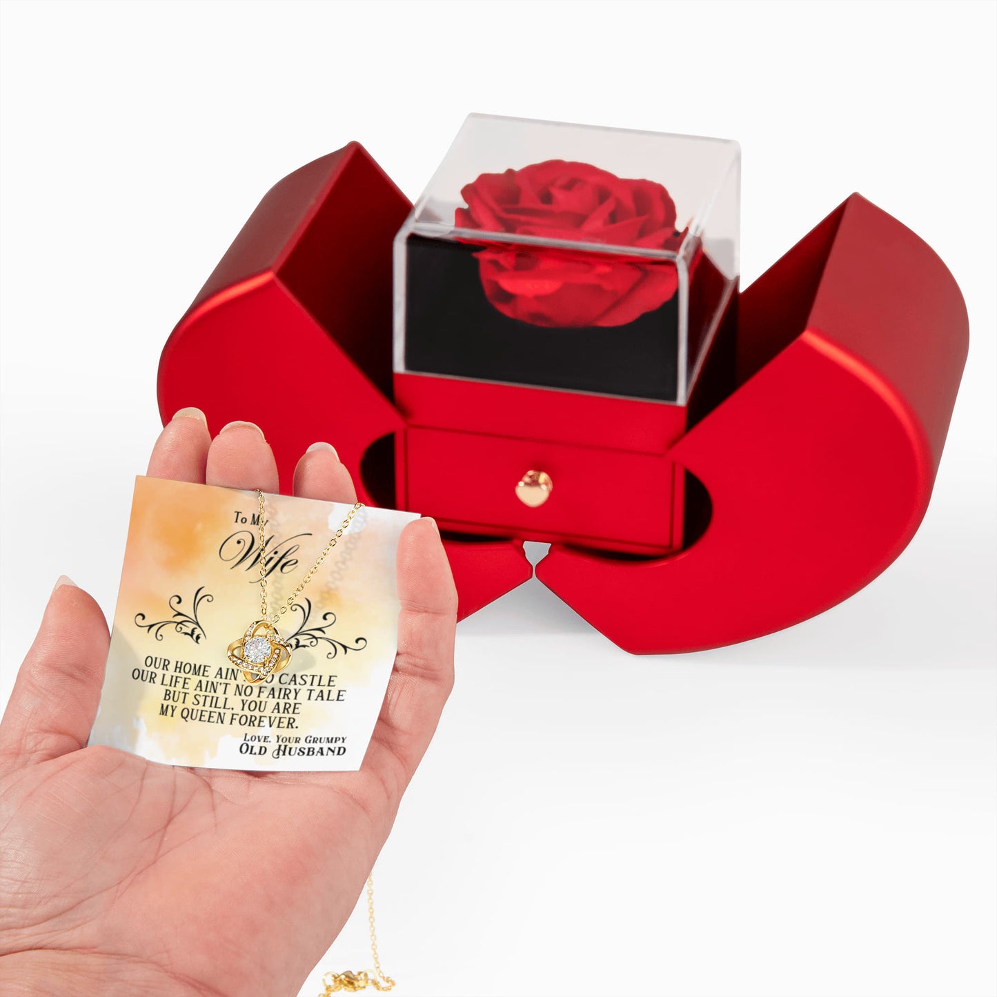 To my Wife Necklace Gift from Husband, Love knot pendant with Red Heart Rose Gift box for Valentines day, anniversary, birthday