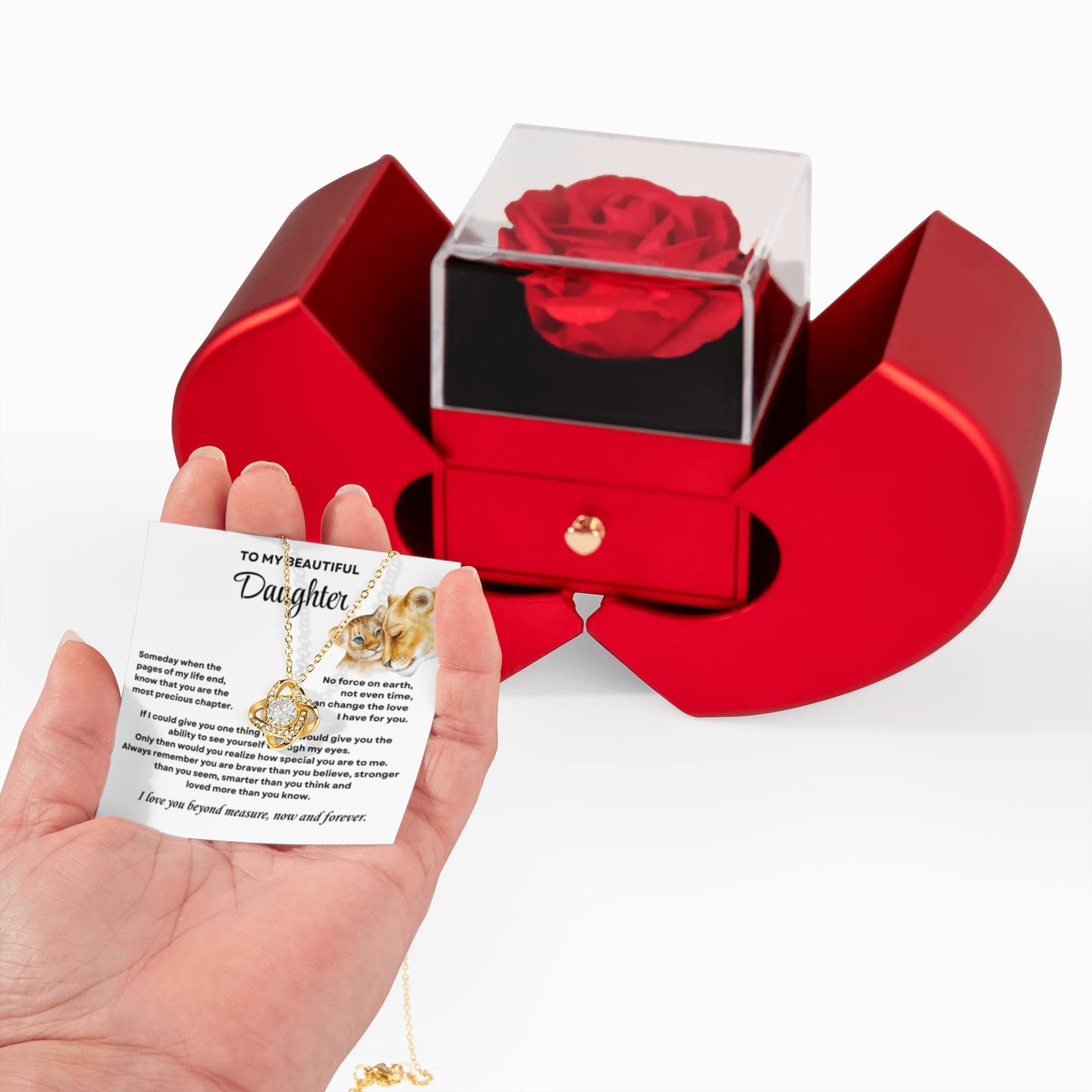 Daughter Necklace from Mom, Love Knot Pendant with Rose Gift Box, Gift for Birthday, Valentines day, Mothers day, Christmas