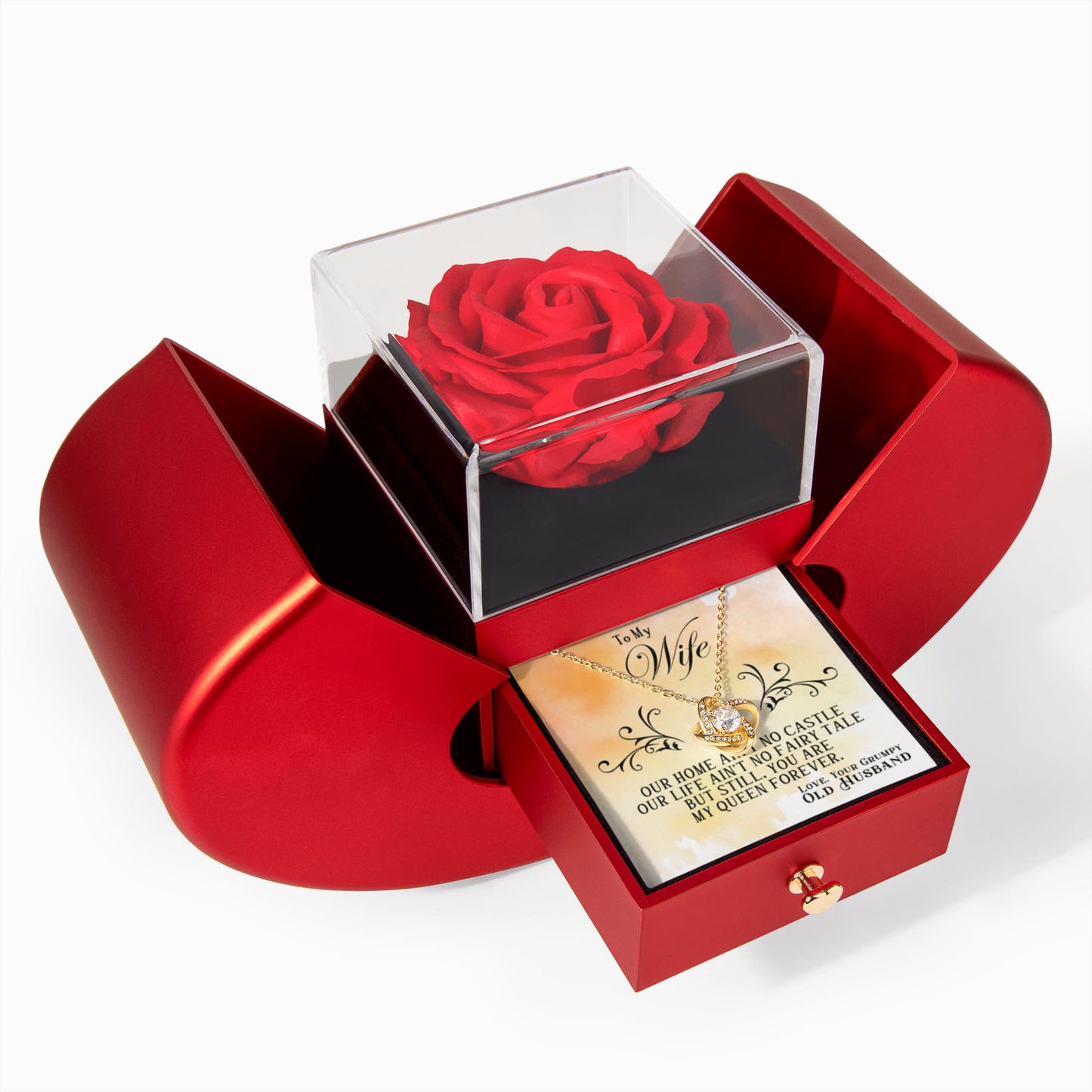 To my Wife Necklace Gift from Husband, Love knot pendant with Red Heart Rose Gift box for Valentines day, anniversary, birthday