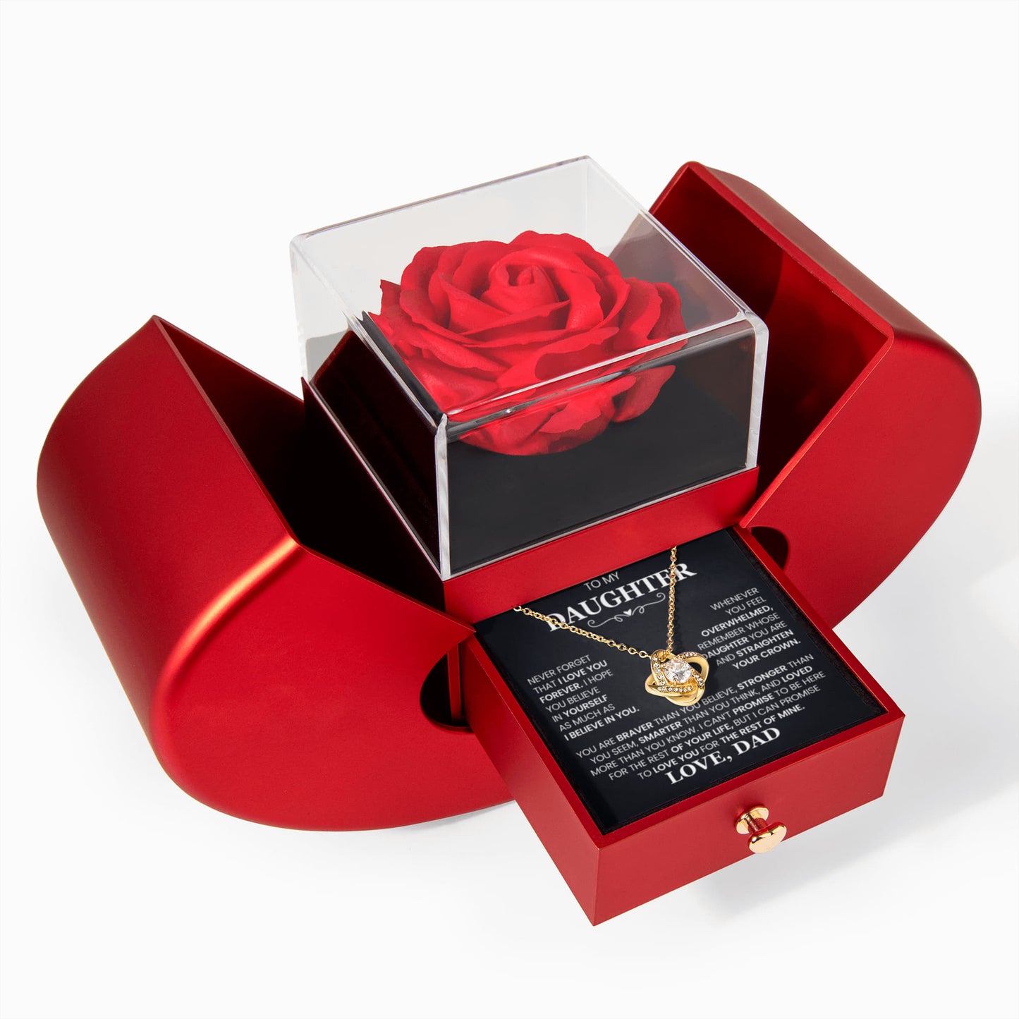 Daughter Necklace from Dad, Love Knot Pendant with Rose Gift Box, Gift for Birthday, Valentines day, Mothers day, Christmas