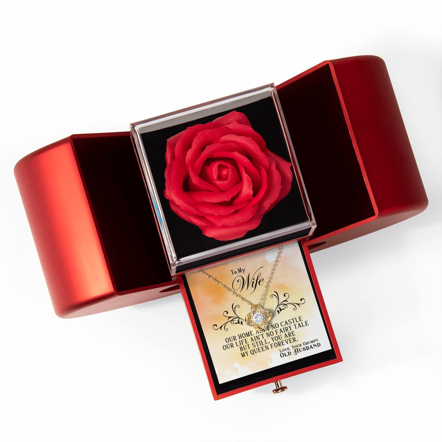 To my Wife Necklace Gift from Husband, Love knot pendant with Red Heart Rose Gift box for Valentines day, anniversary, birthday