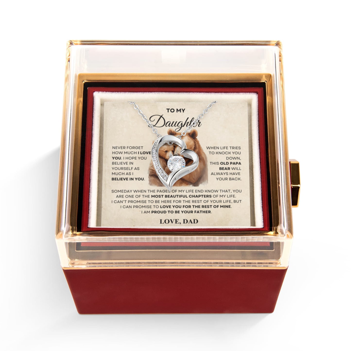 Daughter Necklace from Dad, Forever Love Pendant with Rotating Rose Box, Gift for Birthday, Valentines Day, Graduation, Christmas