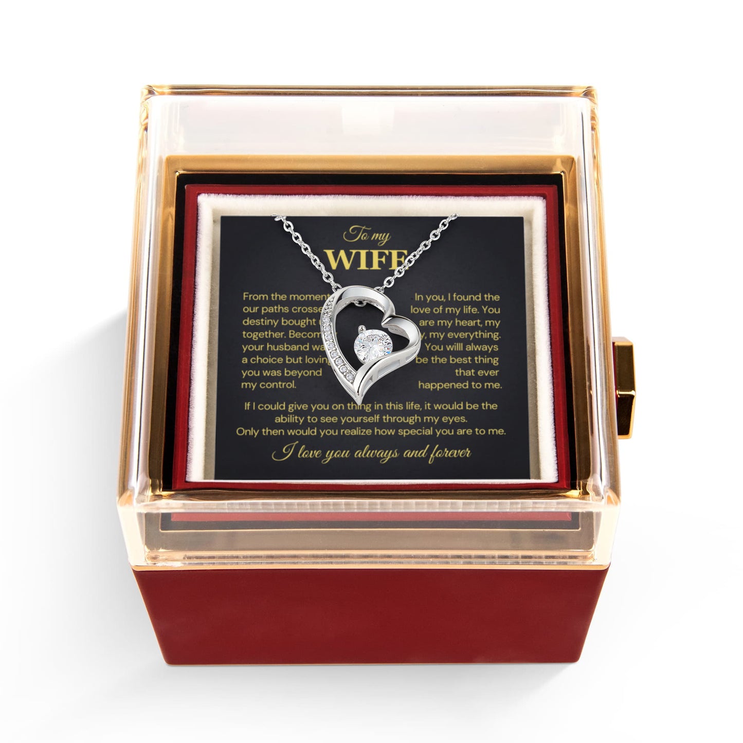 To my Wife Necklace from Husband, Forever Love Pendant with Rotating Rose Box, Gift for Anniversary, Valentines Day, Birthday
