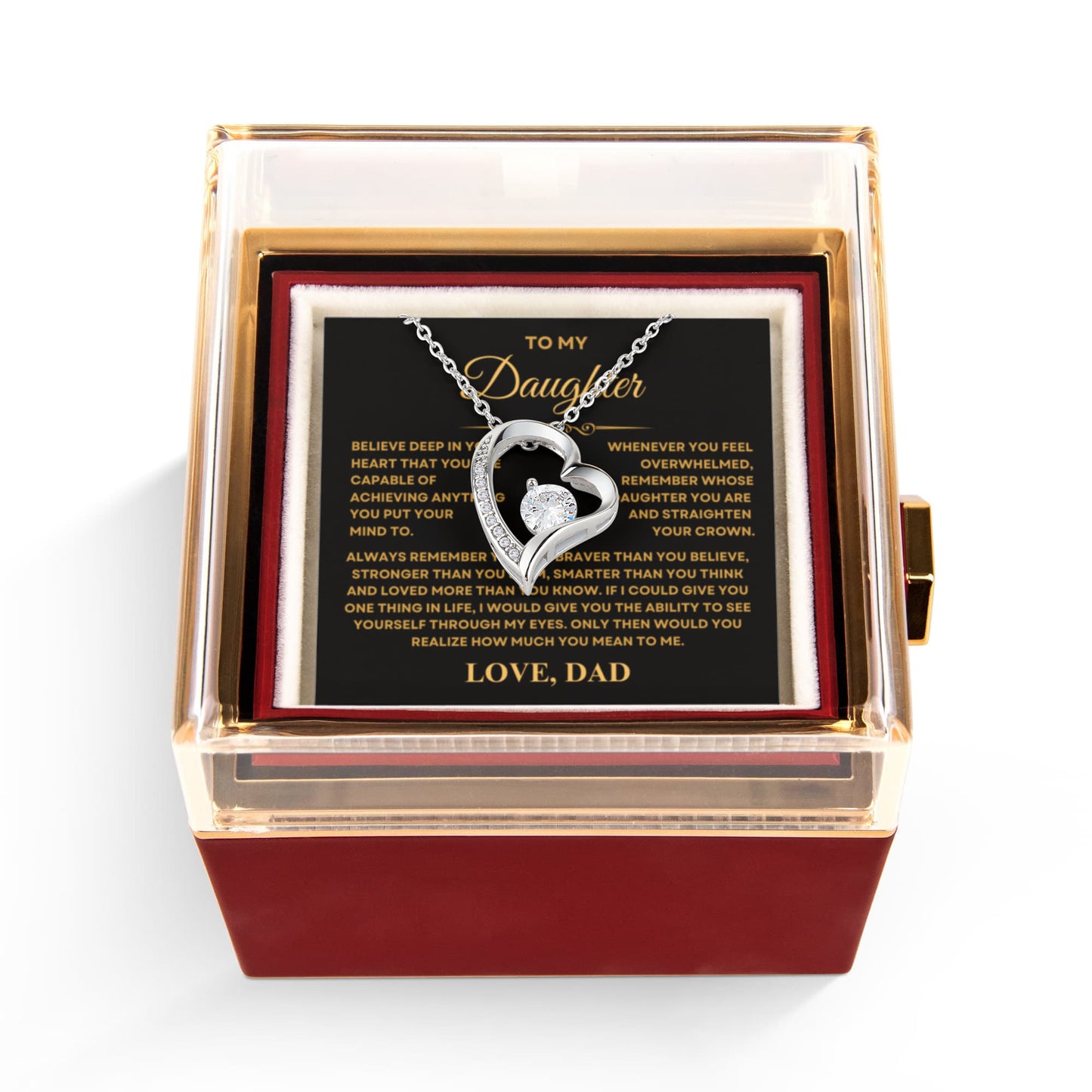 Daughter Necklace from Dad, Forever Love Pendant with Rotating Rose Box, Gift for Birthday, Valentines Day, Graduation, Christmas