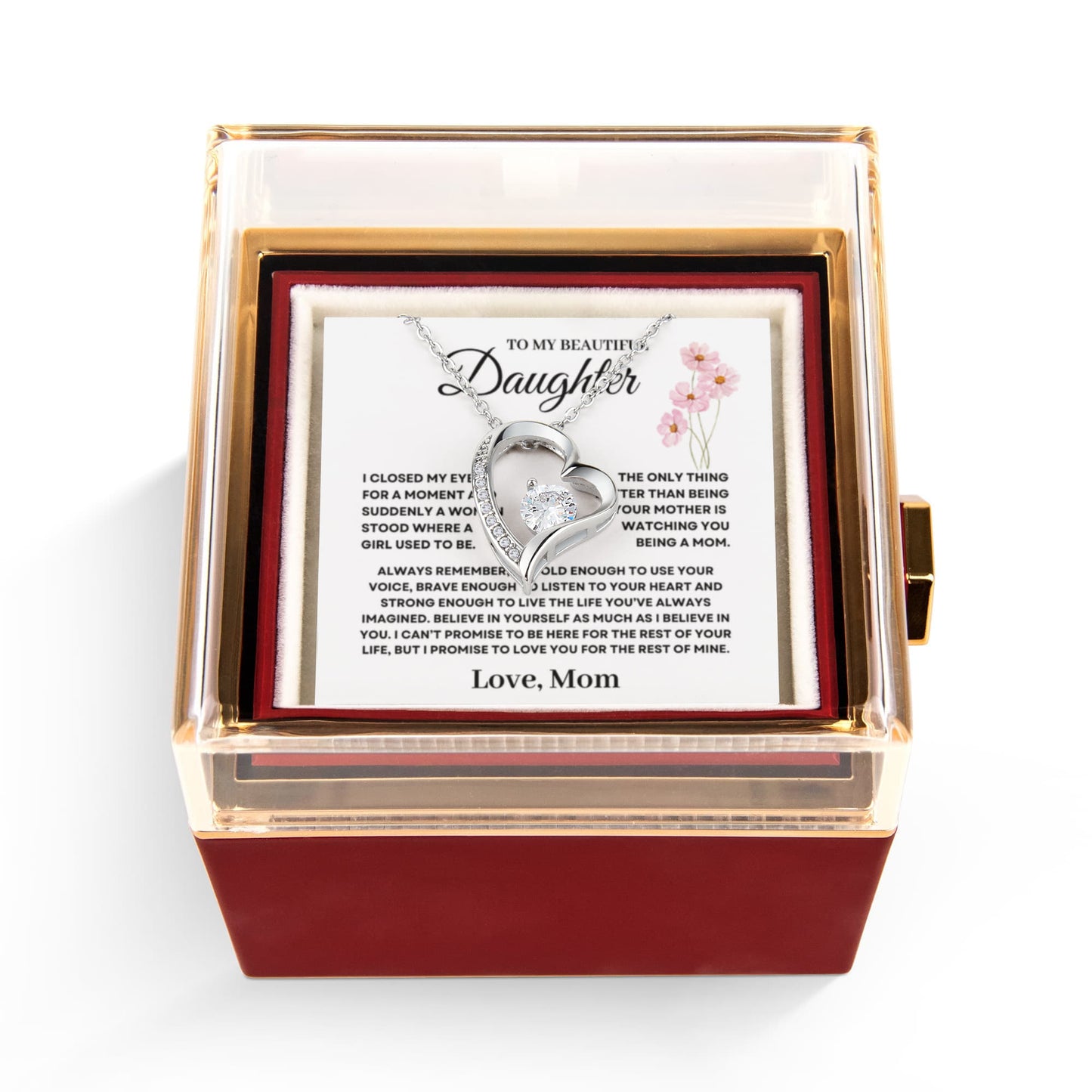 Daughter Necklace from Mom, Forever Love Pendant with Rotating Rose Box, Gift for Birthday, Valentines Day, Graduation, Christmas
