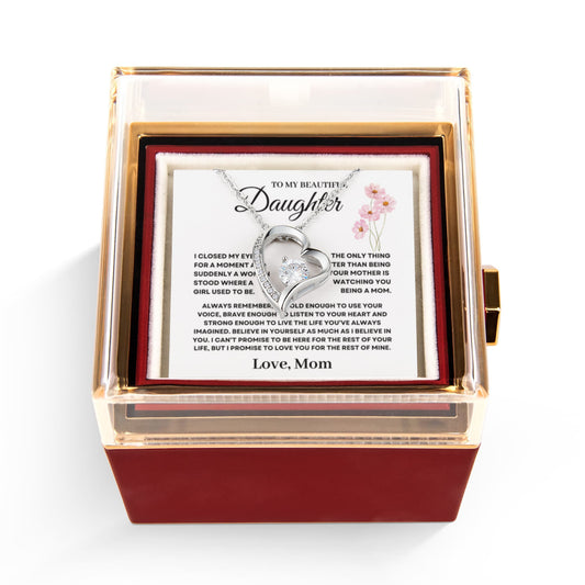 Daughter Necklace from Mom, Forever Love Pendant with Rotating Rose Box, Gift for Birthday, Valentines Day, Graduation, Christmas