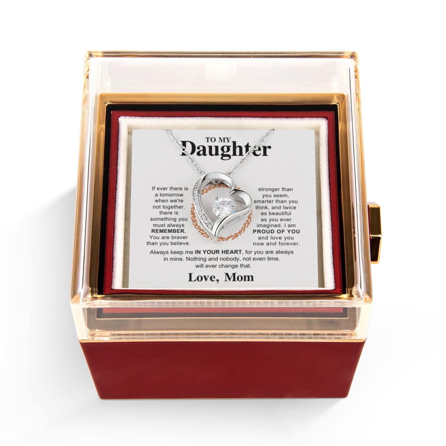 Daughter Necklace from Mom, Forever Love Pendant with Rotating Rose Box, Gift for Birthday, Valentines Day, Graduation, Christmas