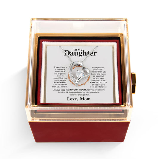 Daughter Necklace from Mom, Forever Love Pendant with Rotating Rose Box, Gift for Birthday, Valentines Day, Graduation, Christmas