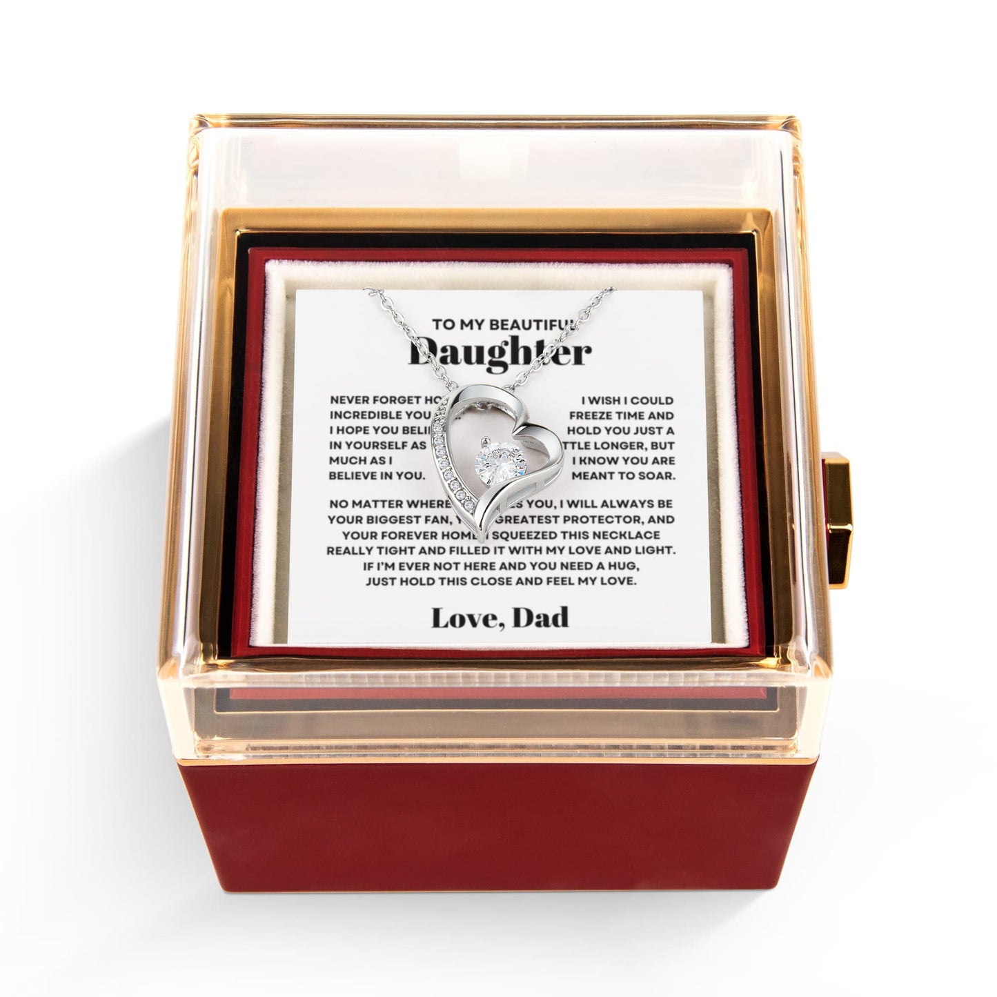 Daughter Necklace from Dad, Forever Love Pendant with Rotating Rose Box, Gift for Birthday, Valentines Day, Graduation, Christmas