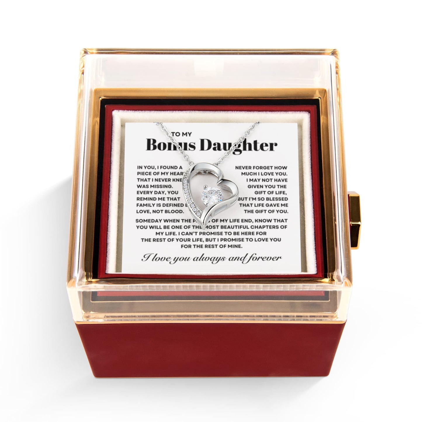 Bonus Daughter Necklace from Step Mom and Dad,  Forever Love Pendant with Rotating Rose Box, Gift for Birthday, Valentines Day, Graduation, Christmas