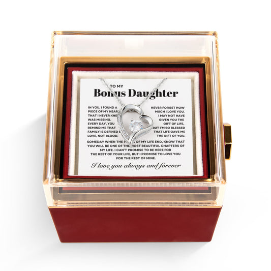 Bonus Daughter Necklace from Step Mom and Dad,  Forever Love Pendant with Rotating Rose Box, Gift for Birthday, Valentines Day, Graduation, Christmas