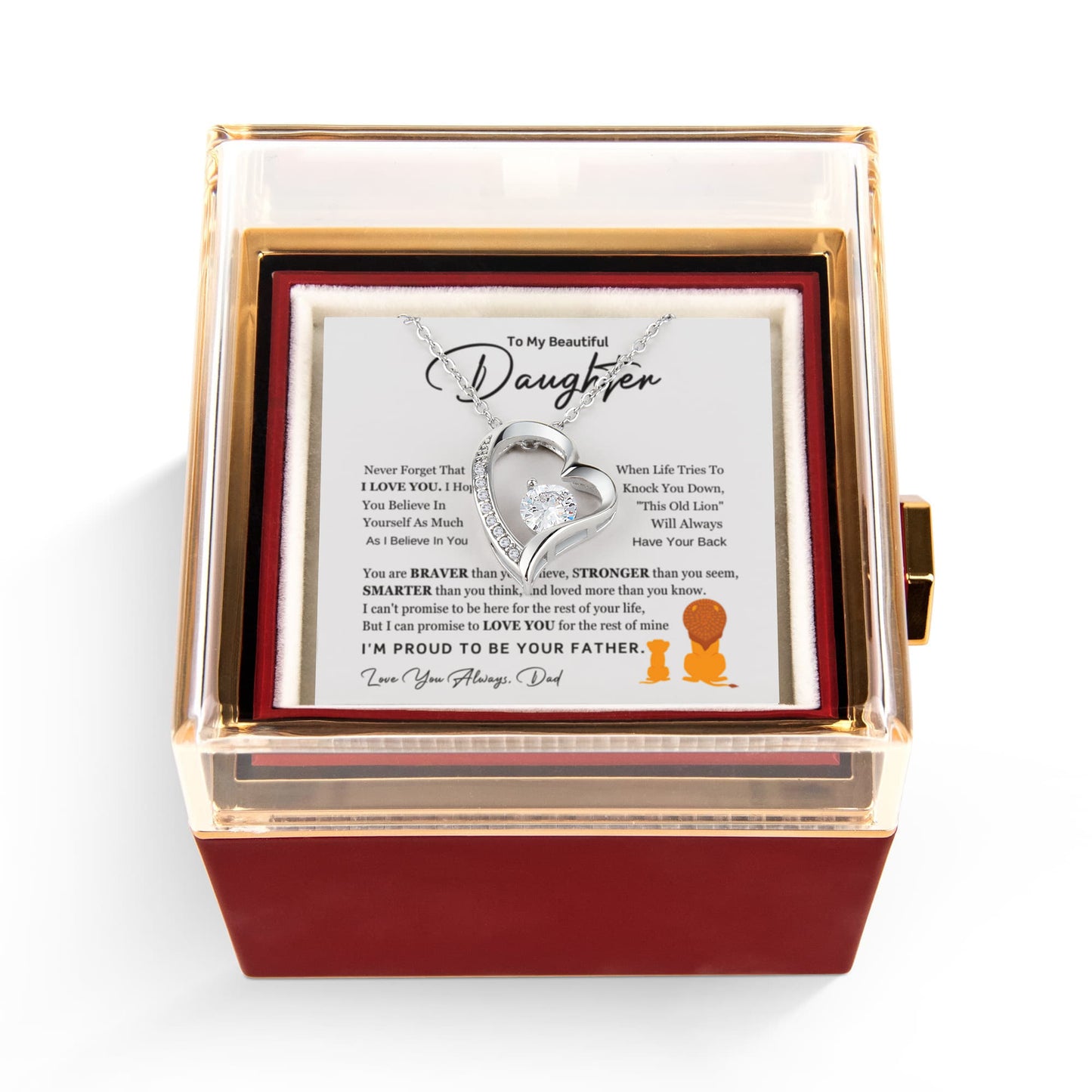 Daughter Necklace from Dad, Forever Love Pendant with Rotating Rose Box, Gift for Birthday, Valentines Day, Graduation, Christmas