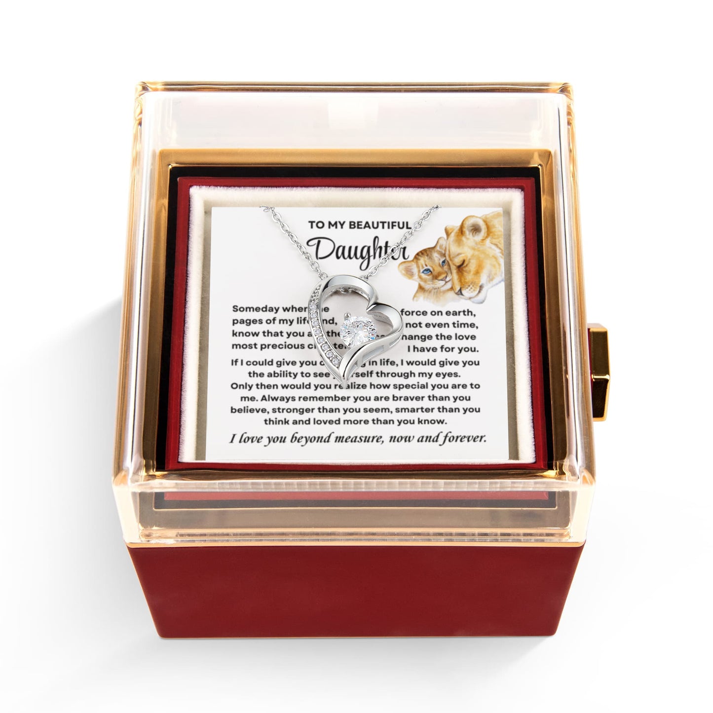 Daughter Necklace from Mom, Forever Love Pendant with Rotating Rose Box, Gift for Birthday, Valentines Day, Graduation, Christmas