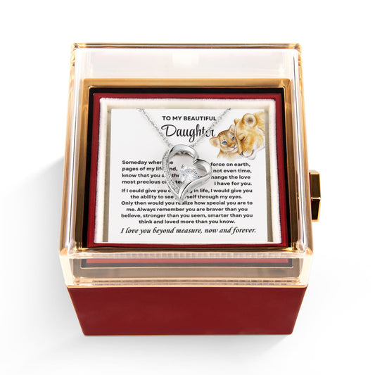 Daughter Necklace from Mom, Forever Love Pendant with Rotating Rose Box, Gift for Birthday, Valentines Day, Graduation, Christmas