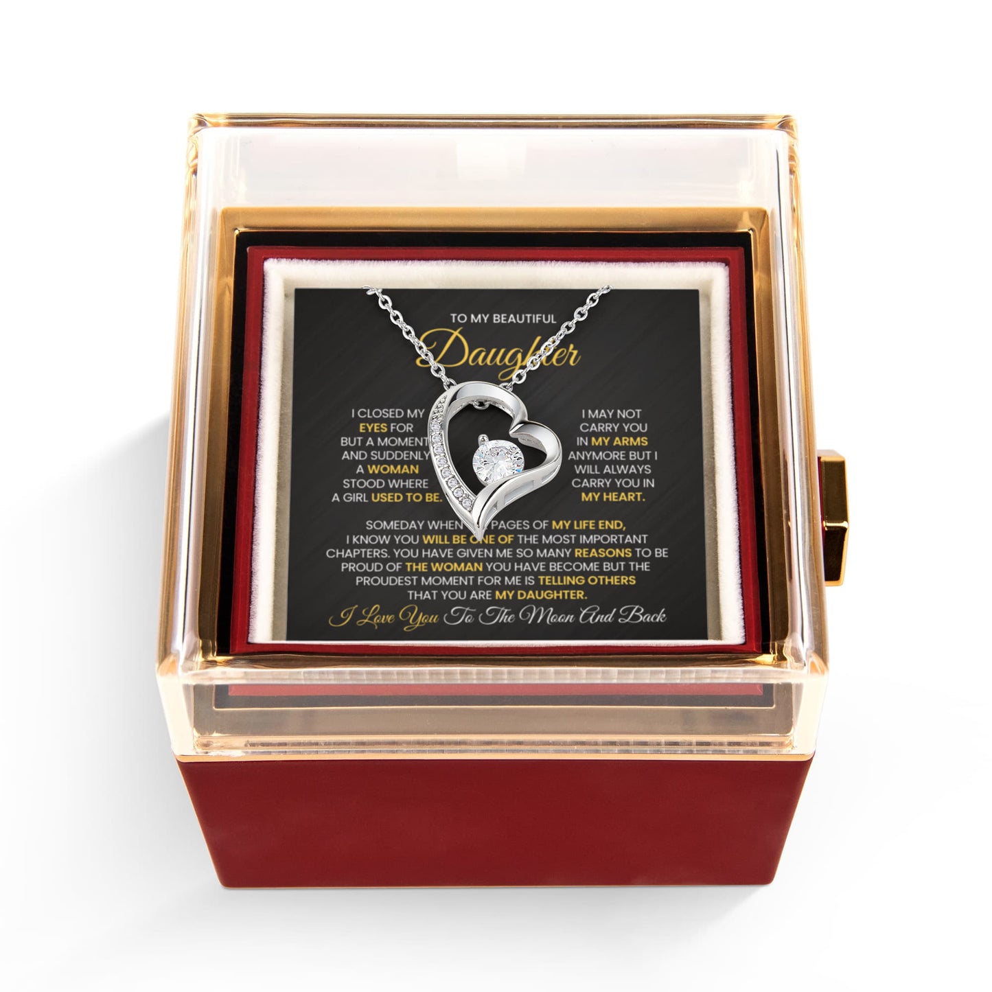 Daughter Necklace from Mom and Dad, Forever Love Pendant with Rotating Rose Box, Gift for Birthday, Valentines Day, Graduation, Christmas