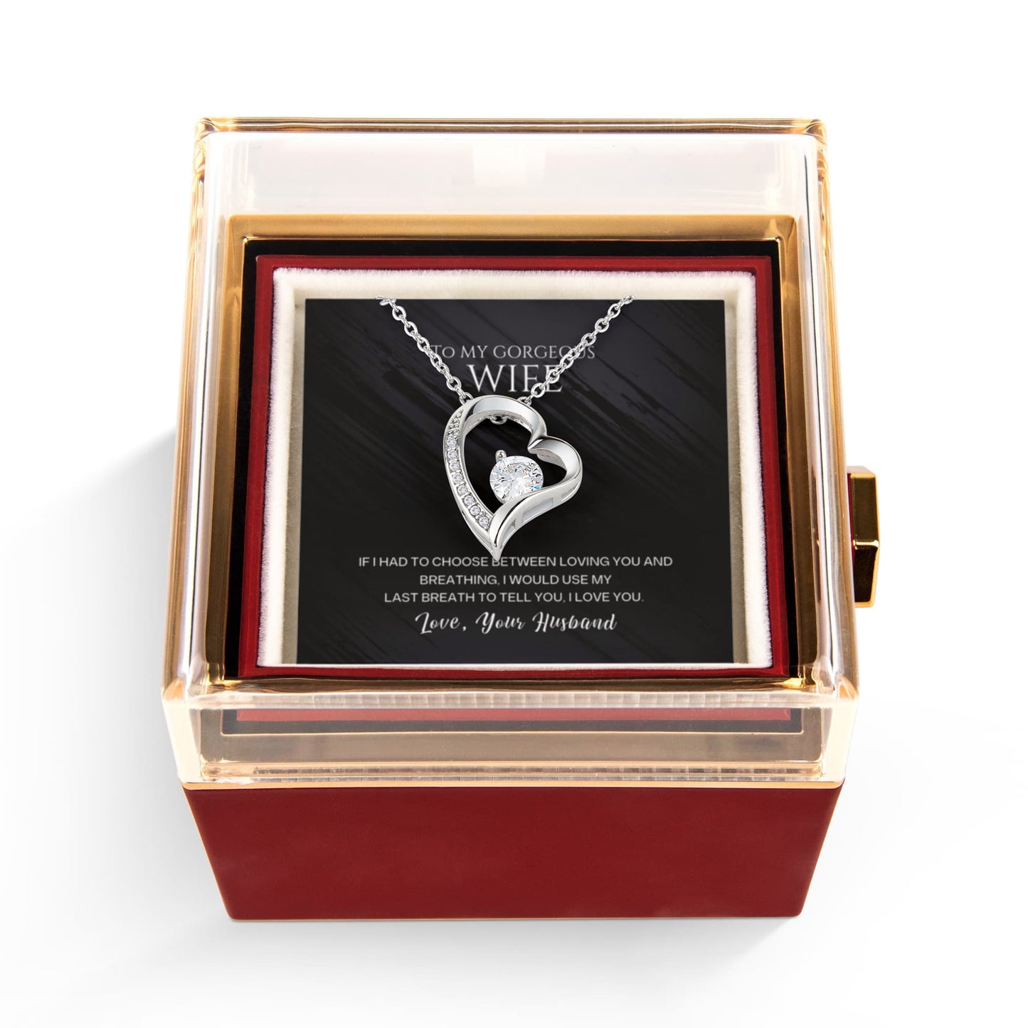 To my  Wife Necklace from Husband, Forever Love Pendant with Rotating Rose Box, Gift for Anniversary, Valentines Day, Birthday