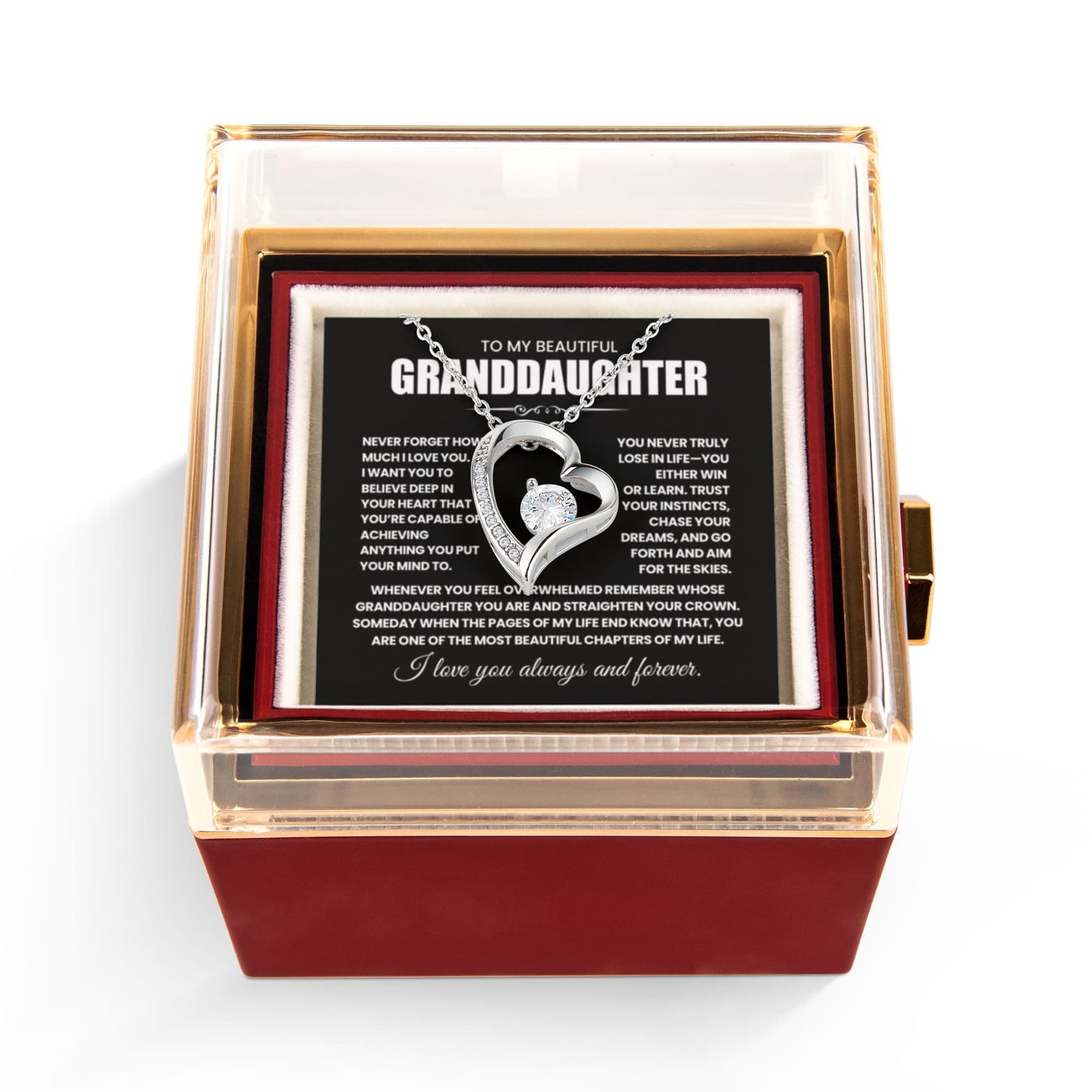 To my Granddaughter necklace from Grandparents, Forever Love Pendant with Rotating Rose Box, Gift for Birthday, Valentines Day, Graduation, Christmas