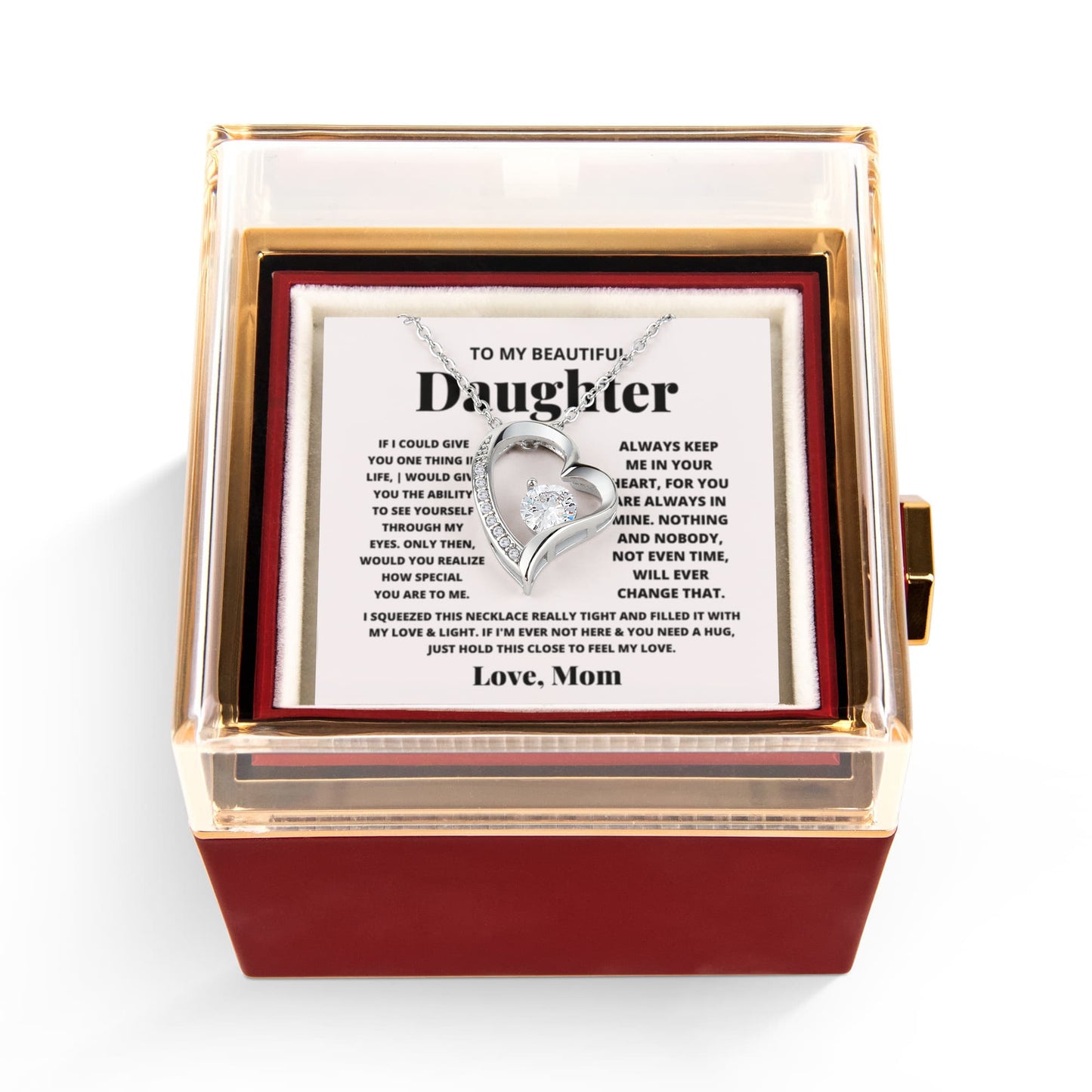 Daughter Necklace from Mom, Forever Love Pendant with Rotating Rose Box, Gift for Birthday, Valentines Day, Graduation, Christmas