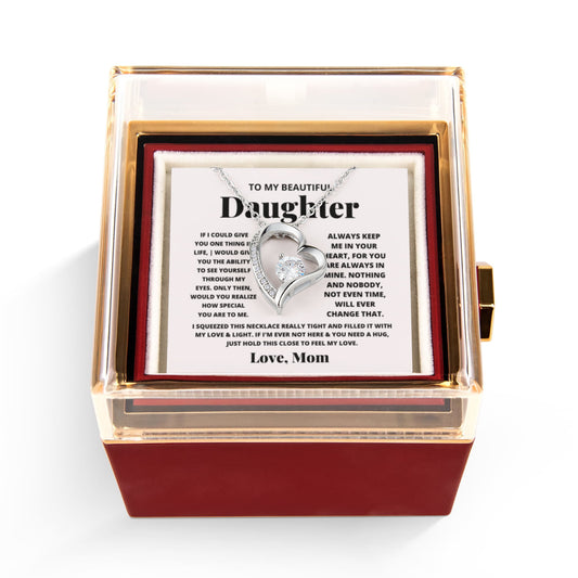 Daughter Necklace from Mom, Forever Love Pendant with Rotating Rose Box, Gift for Birthday, Valentines Day, Graduation, Christmas
