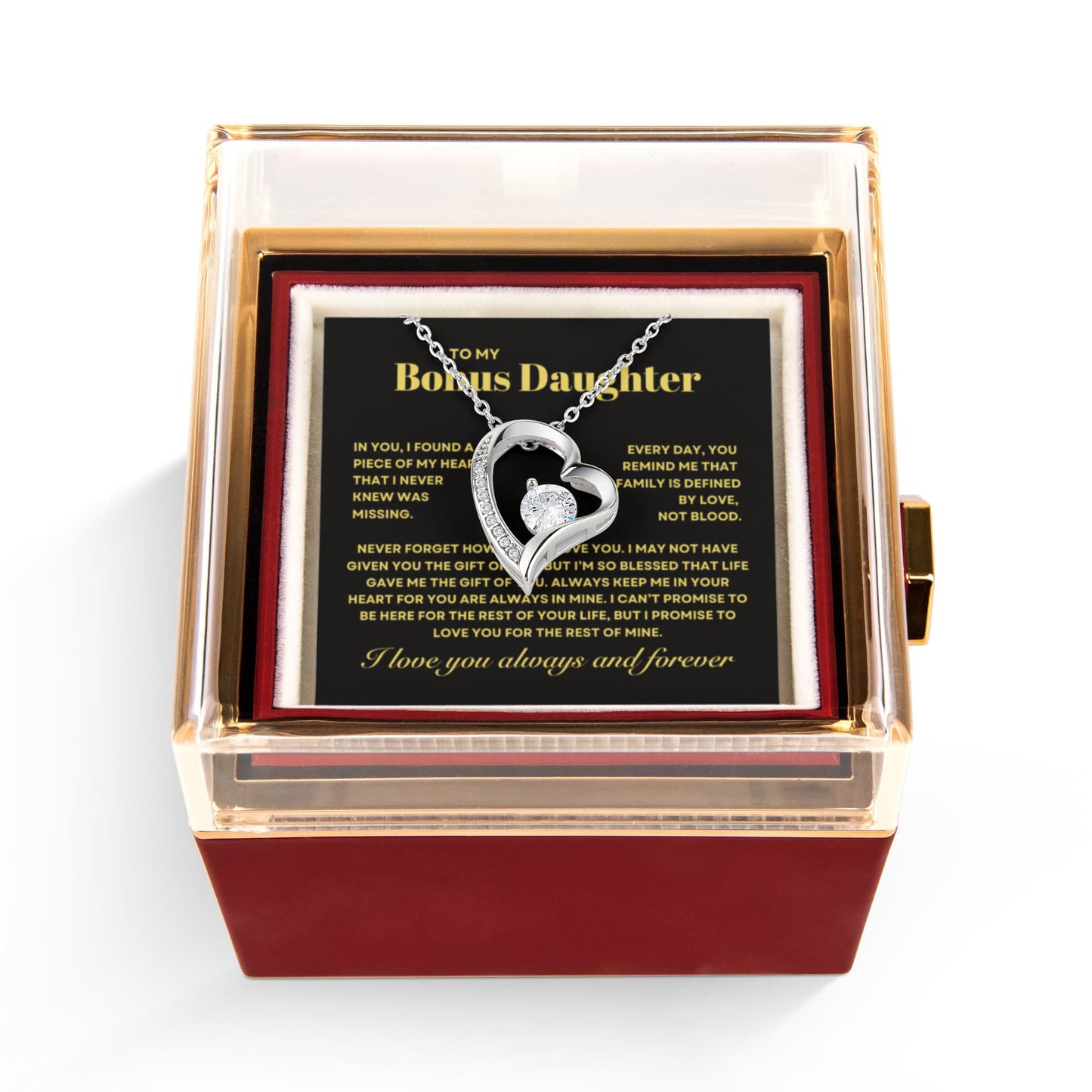 Bonus Daughter Necklace from Step Mom and Dad,  Forever Love Pendant with Rotating Rose Box, Gift for Birthday, Valentines Day, Graduation, Christmas
