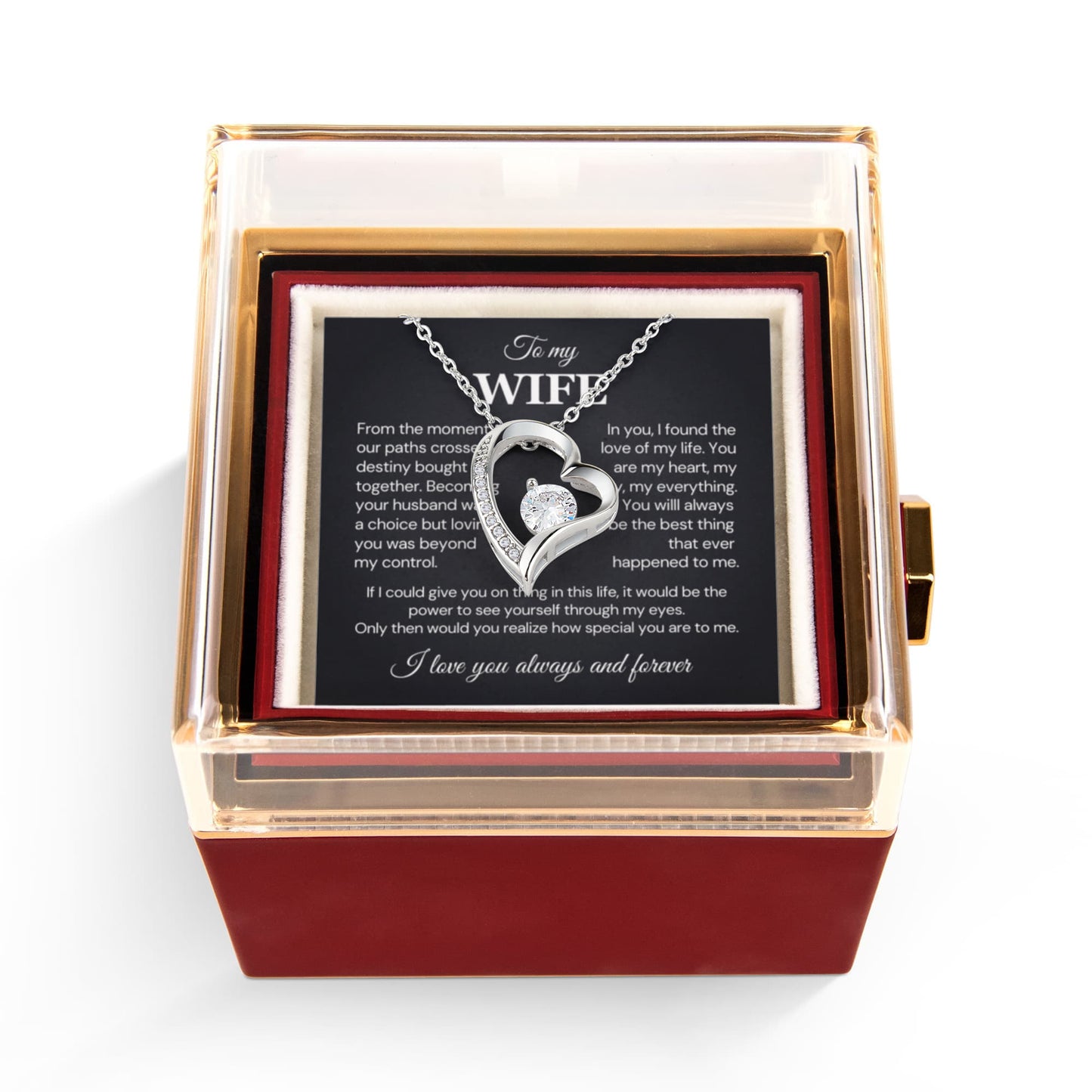 To my Wife Necklace from Husband, Forever Love Pendant with Rotating Rose Box, Gift for Anniversary, Valentines Day, Birthday