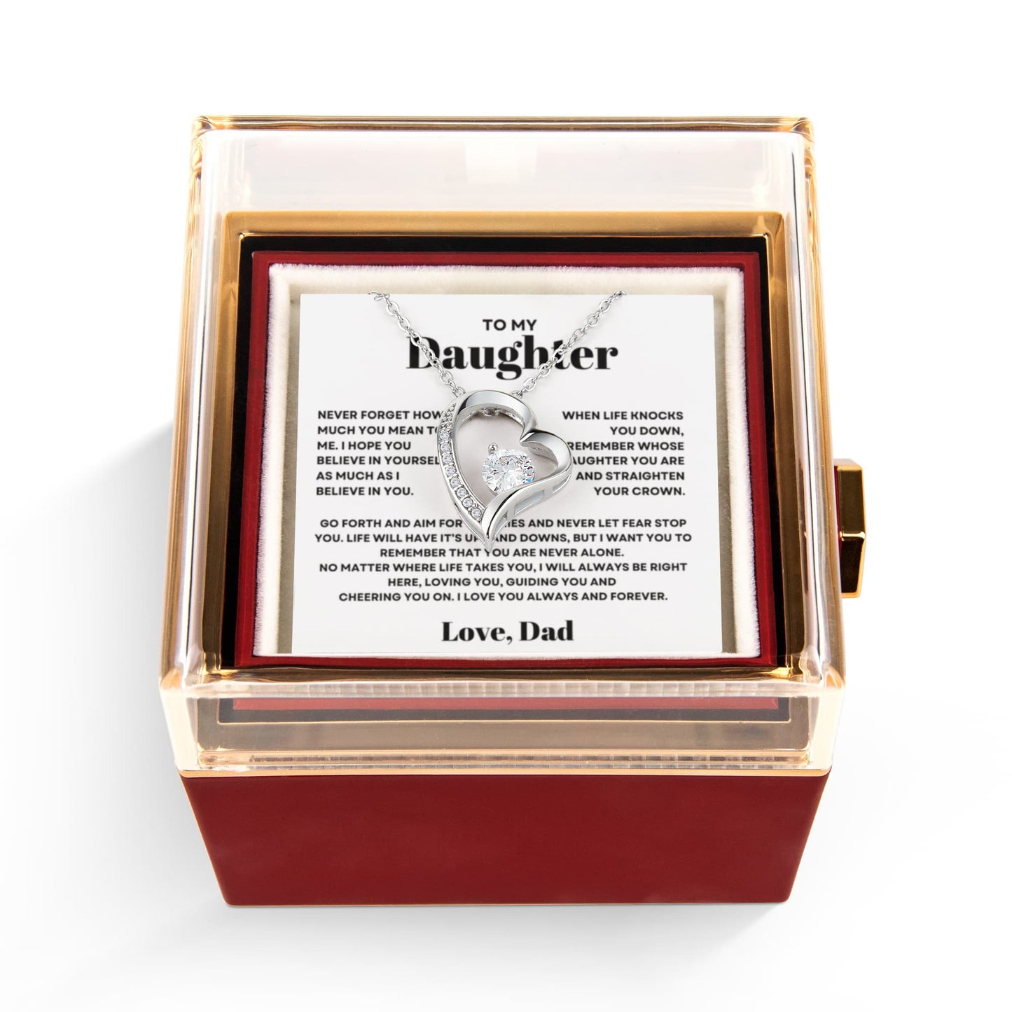 Daughter Necklace from Dad, Forever Love Pendant with Rotating Rose Box, Gift for Birthday, Valentines Day, Graduation, Christmas