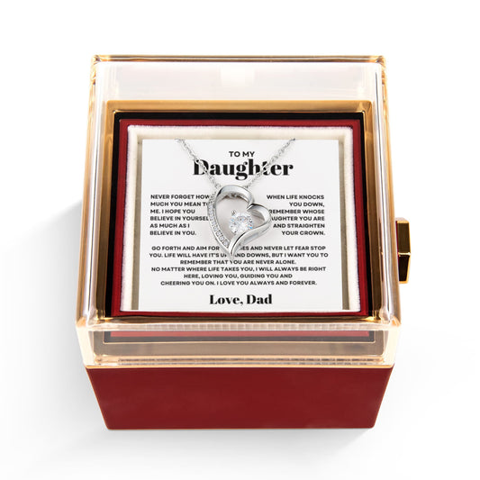 Daughter Necklace from Dad, Forever Love Pendant with Rotating Rose Box, Gift for Birthday, Valentines Day, Graduation, Christmas