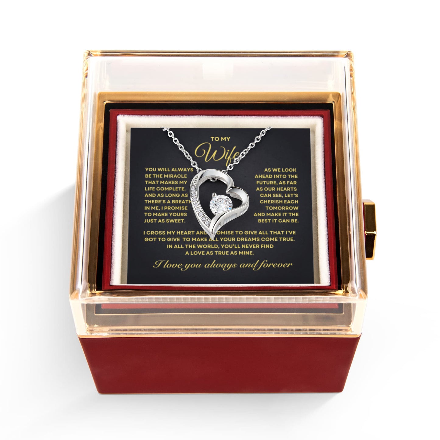 To my Wife Necklace from Husband, Forever Love Pendant with Rotating Rose Box, Gift for Anniversary, Valentines Day, Birthday