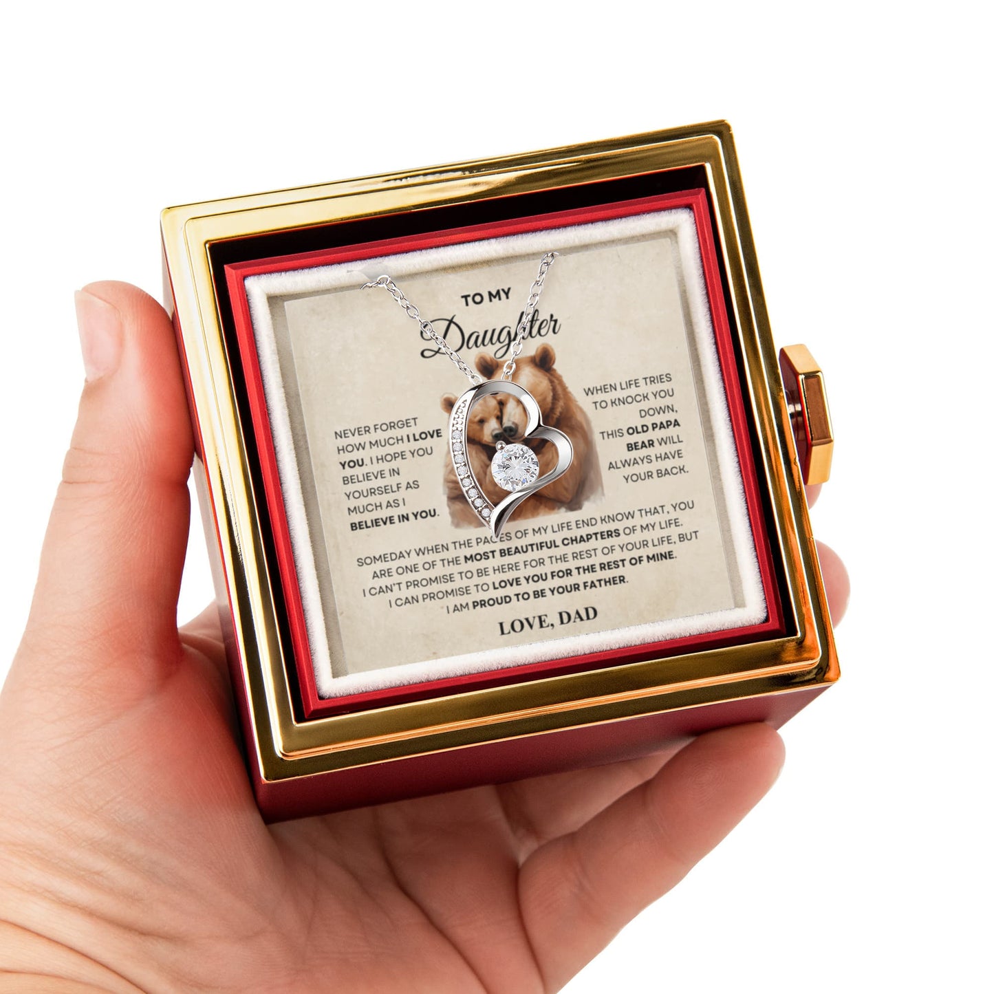 Daughter Necklace from Dad, Forever Love Pendant with Rotating Rose Box, Gift for Birthday, Valentines Day, Graduation, Christmas