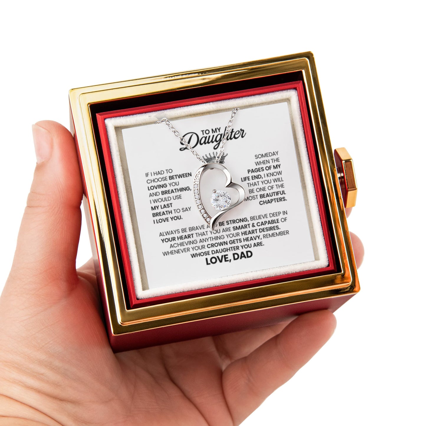 Daughter Necklace from Dad, Forever Love Pendant with Rotating Rose Box, Gift for Birthday, Valentines Day, Graduation, Christmas