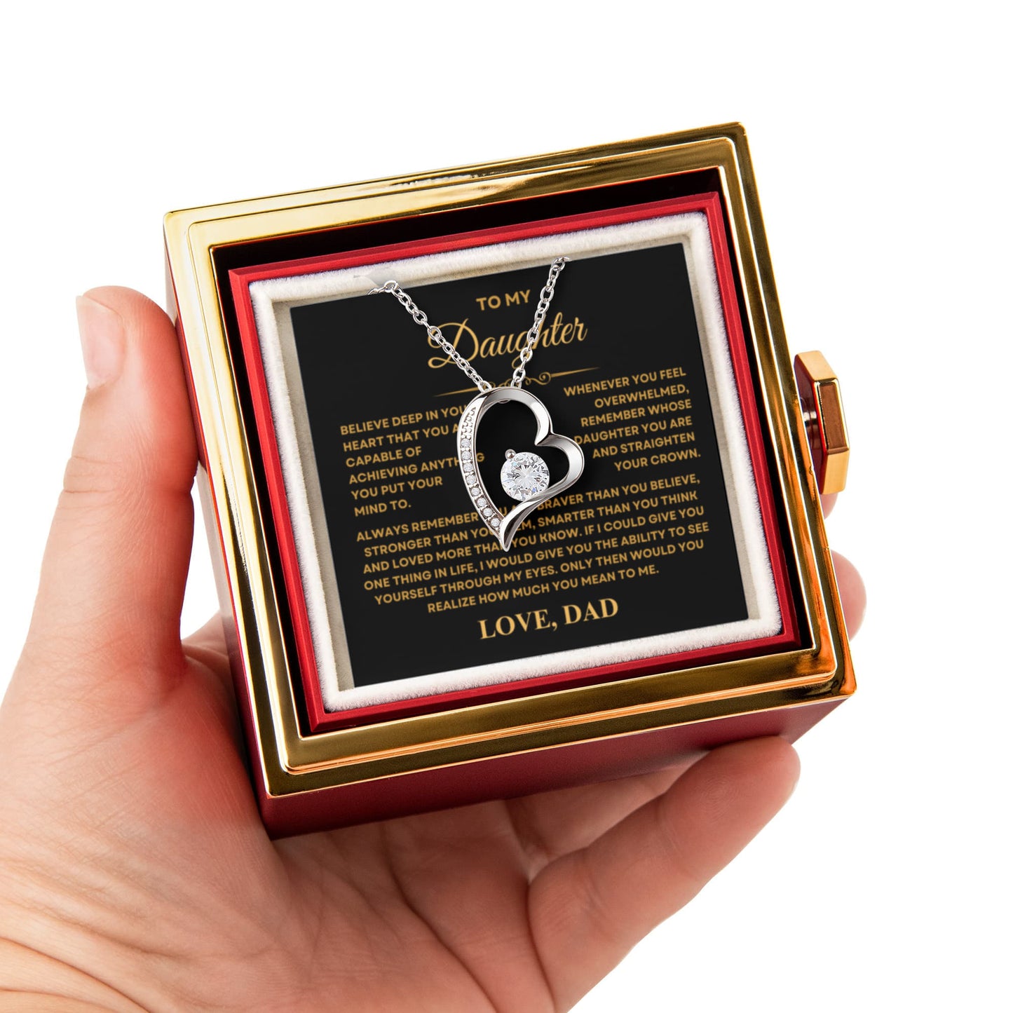 Daughter Necklace from Dad, Forever Love Pendant with Rotating Rose Box, Gift for Birthday, Valentines Day, Graduation, Christmas