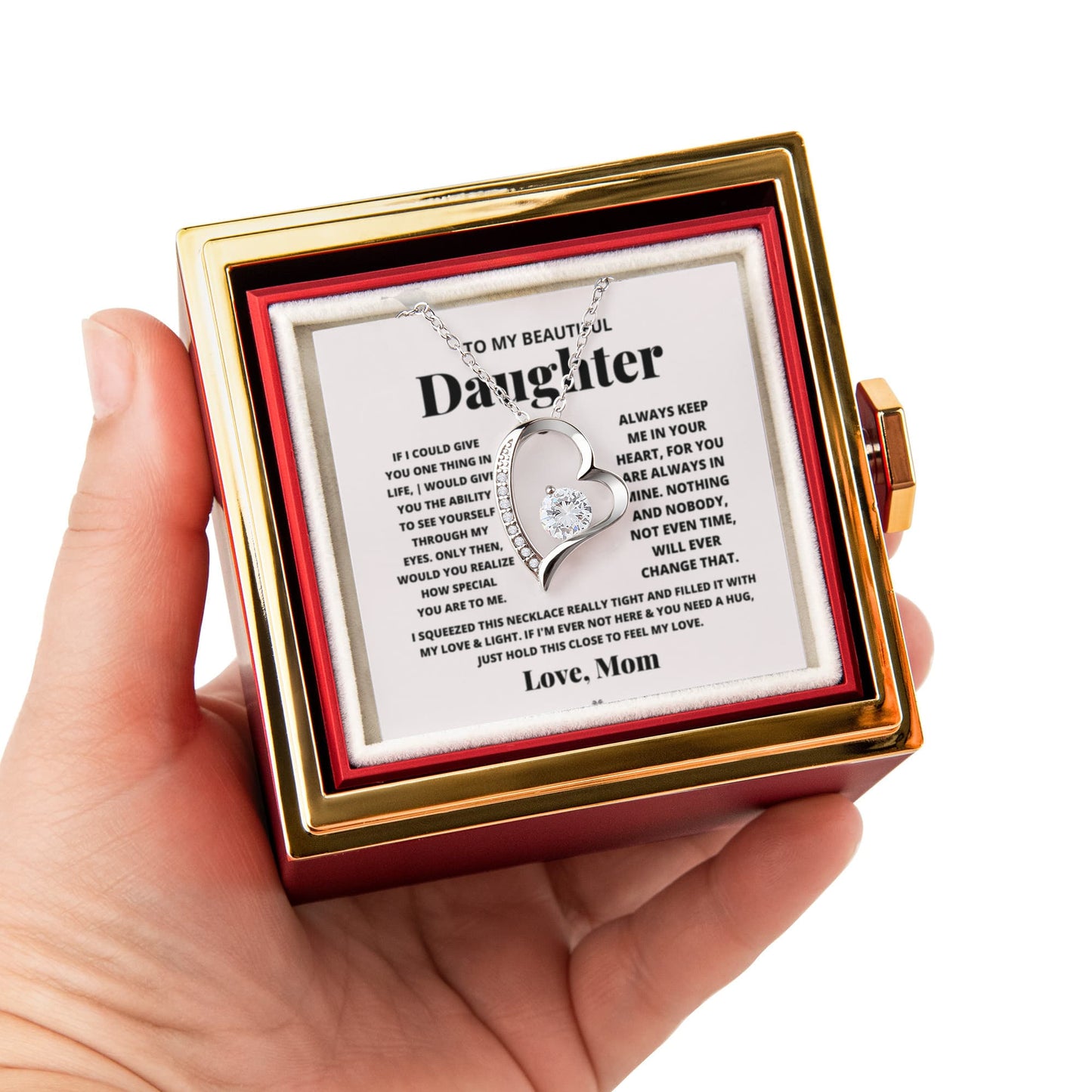 Daughter Necklace from Mom, Forever Love Pendant with Rotating Rose Box, Gift for Birthday, Valentines Day, Graduation, Christmas