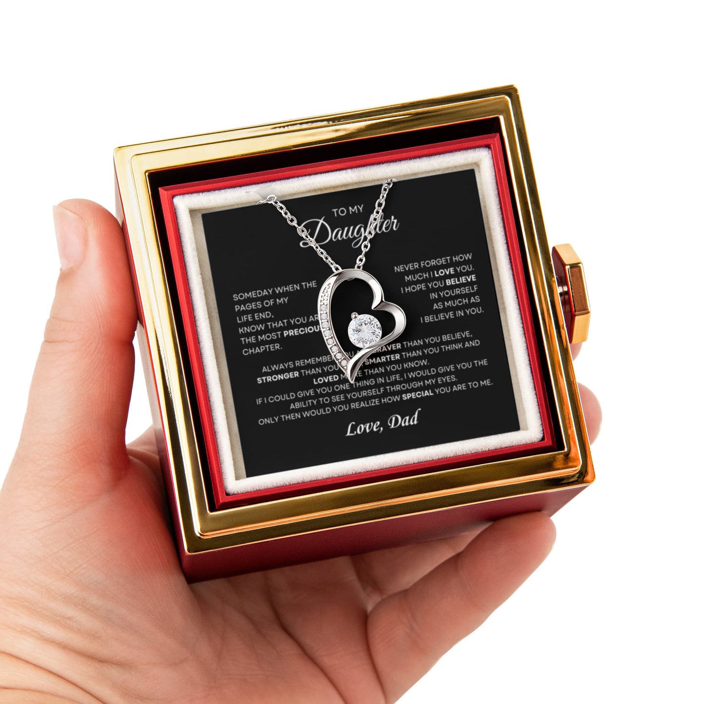 Daughter Necklace from Dad, Forever Love Pendant with Rotating Rose Box, Gift for Birthday, Valentines Day, Graduation, Christmas